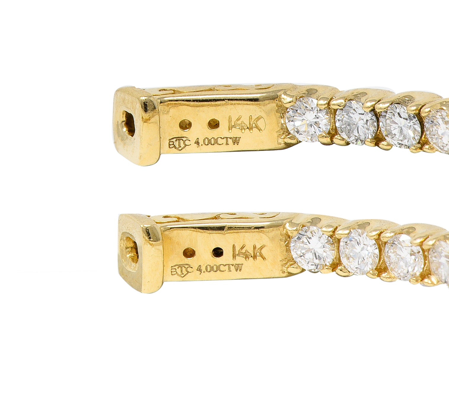 Contemporary 4.00 CTW Diamond 14 Karat Yellow Gold Round Inside Outside Hoop Earrings Wilson's Estate Jewelry