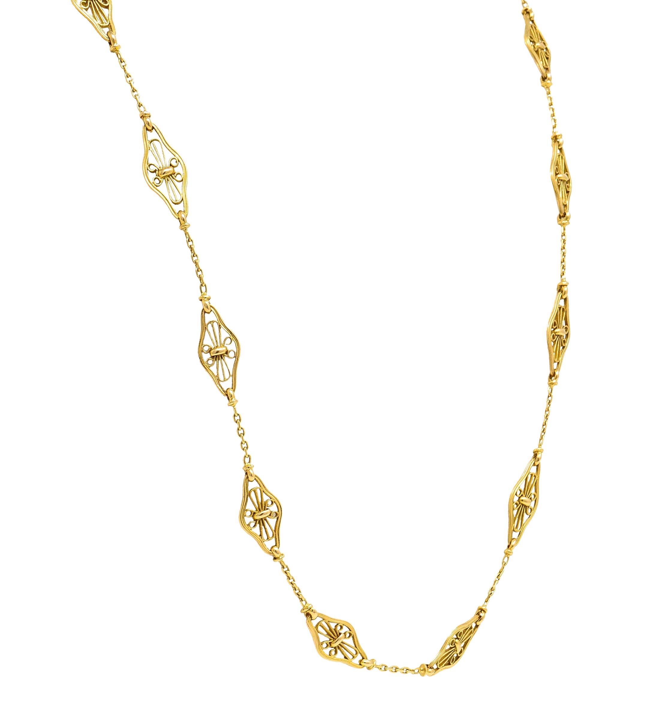 French Victorian 18K Gold Filigree Navette 30 1/2 IN Long Antique Chain Necklace