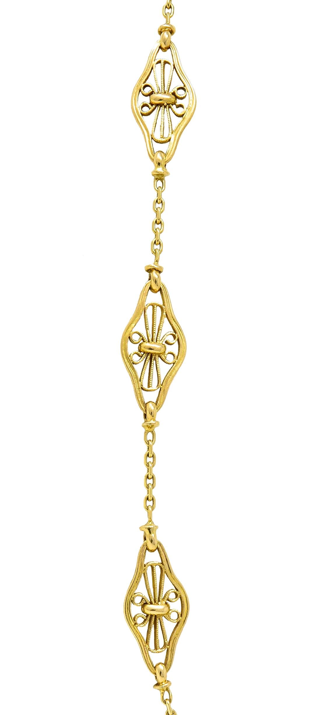 French Victorian 18K Gold Filigree Navette 30 1/2 IN Long Antique Chain Necklace