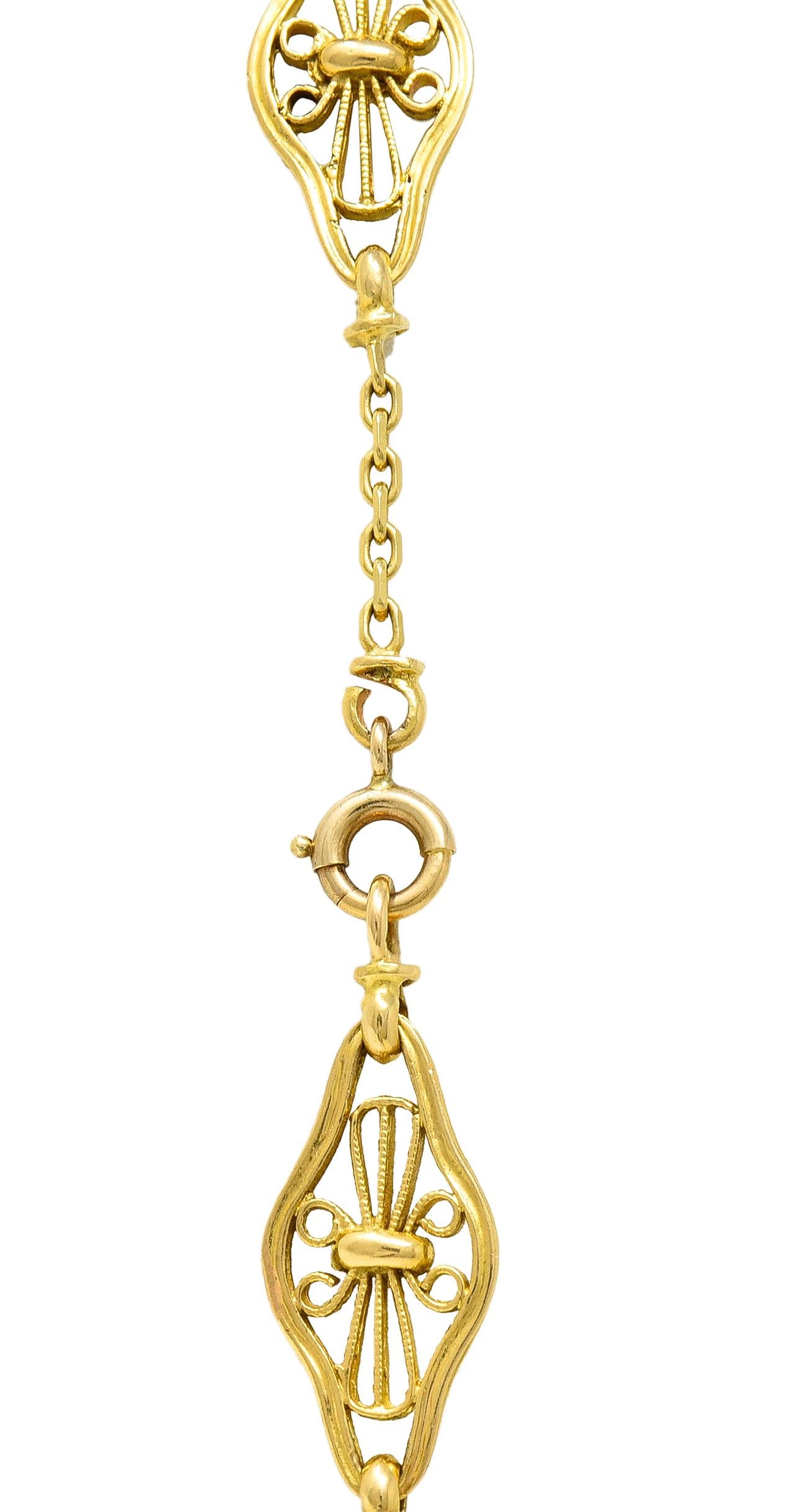 French Victorian 18K Gold Filigree Navette 30 1/2 IN Long Antique Chain Necklace