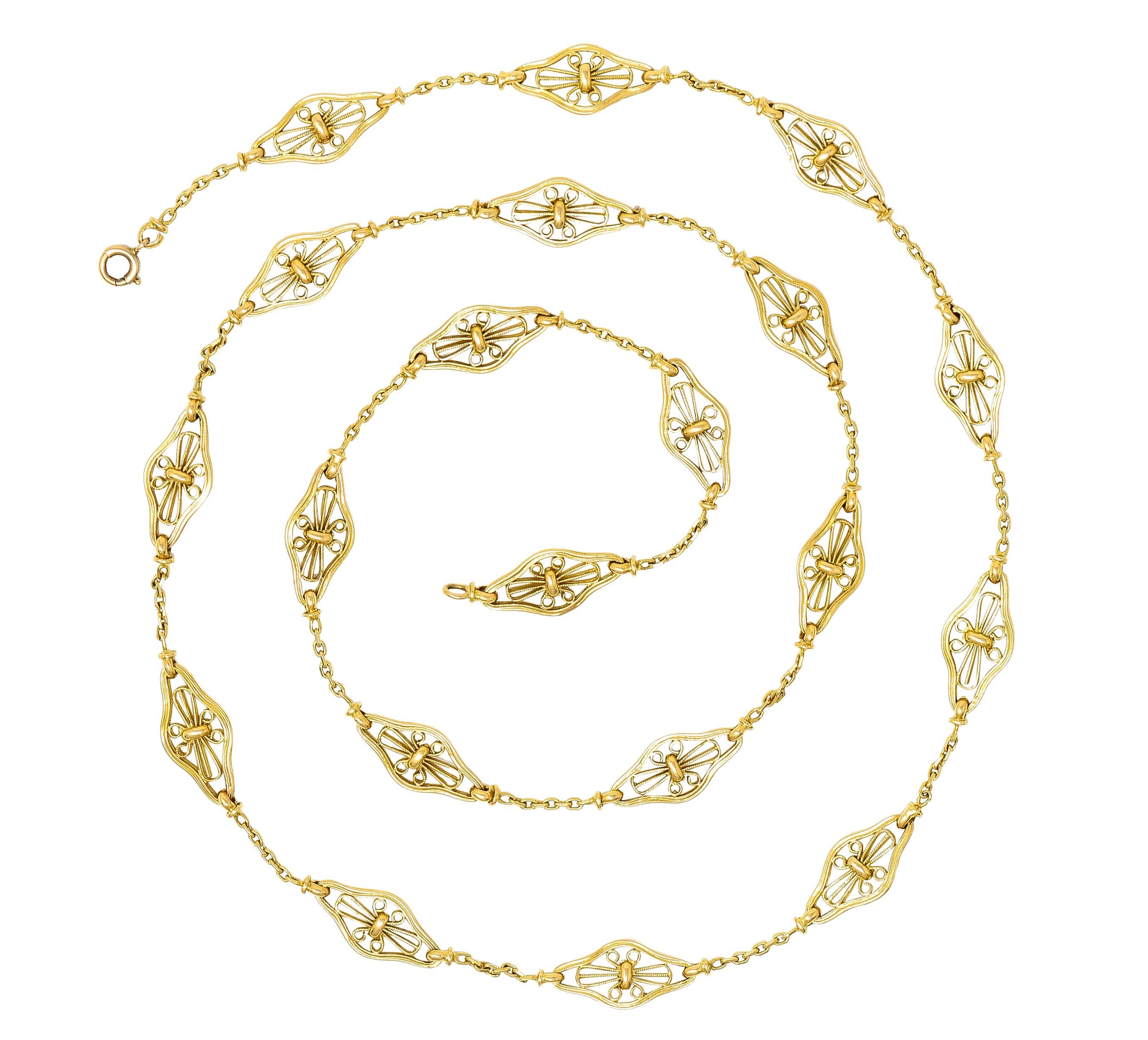 French Victorian 18K Gold Filigree Navette 30 1/2 IN Long Antique Chain Necklace