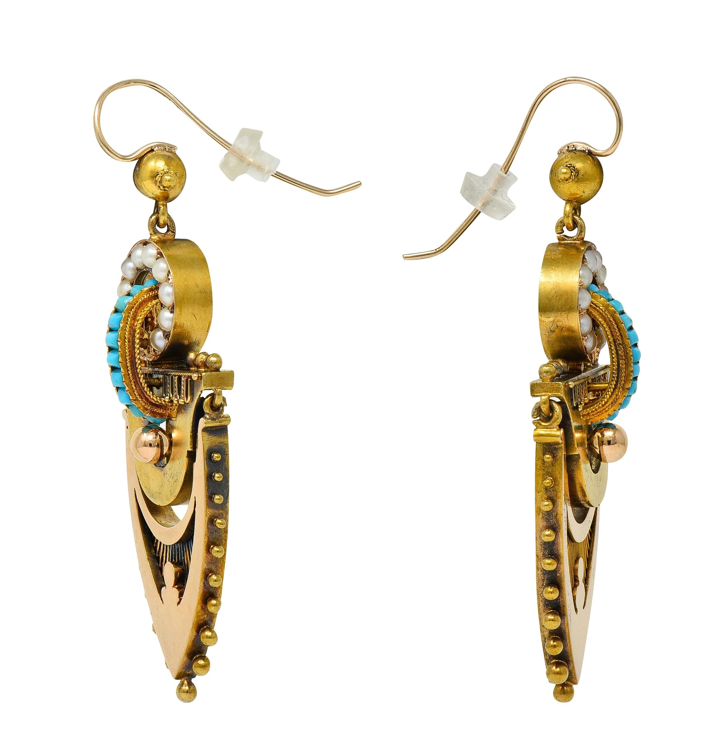 Victorian Etruscan Revival Pearl Turquoise 14 Karat Gold Antique Drop Earrings