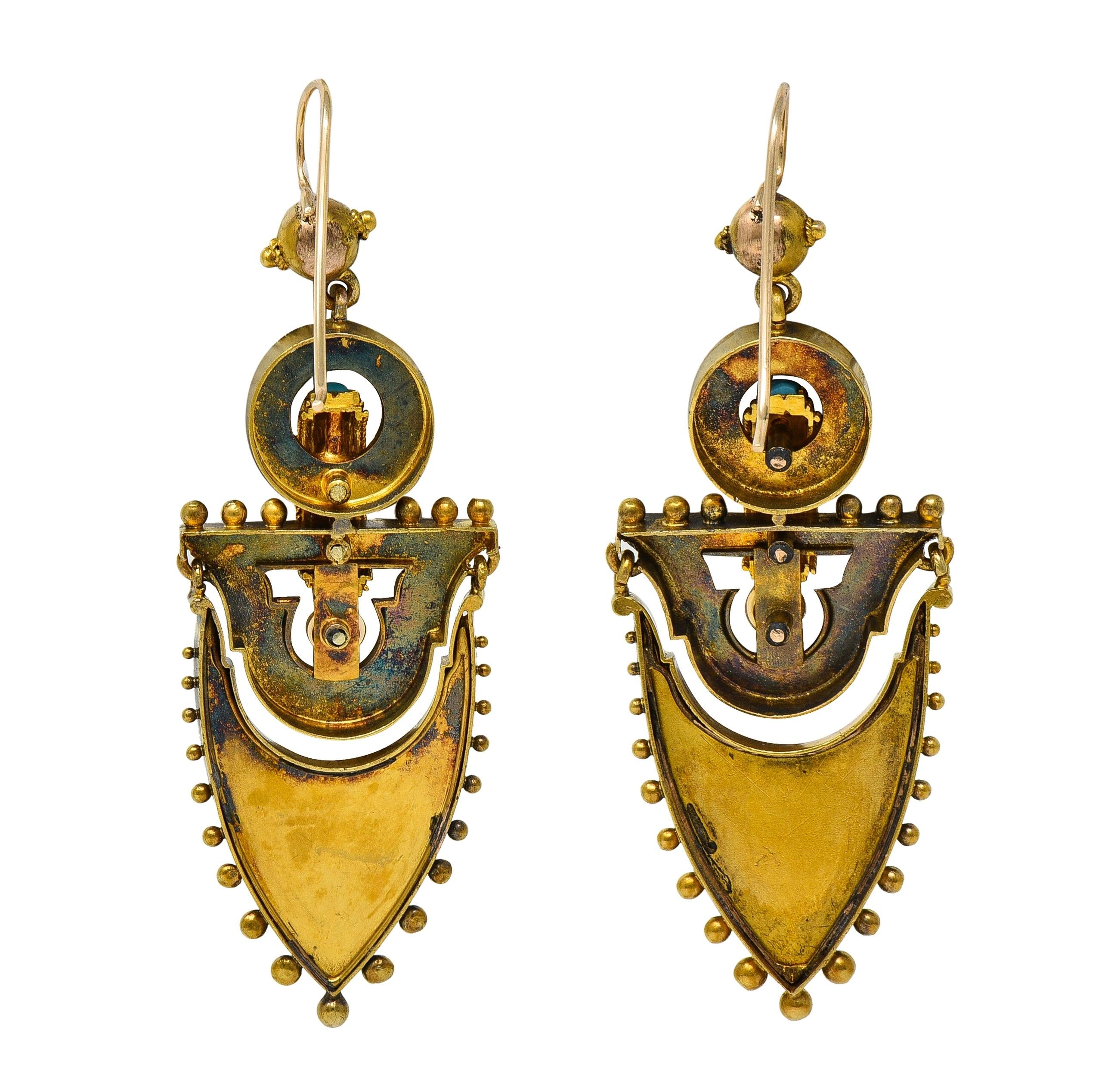 Victorian Etruscan Revival Pearl Turquoise 14 Karat Gold Antique Drop Earrings