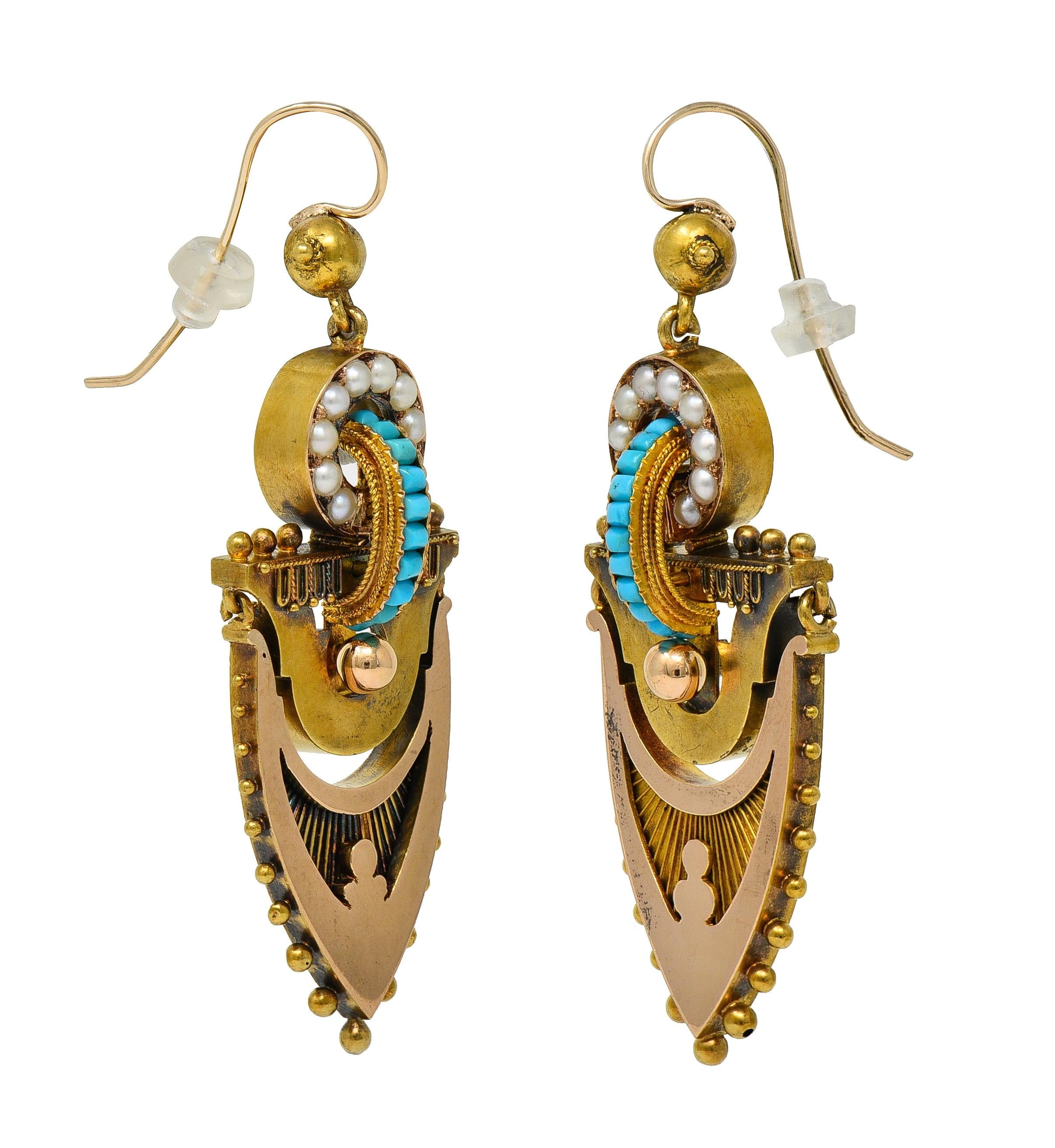 Victorian Etruscan Revival Pearl Turquoise 14 Karat Gold Antique Drop Earrings