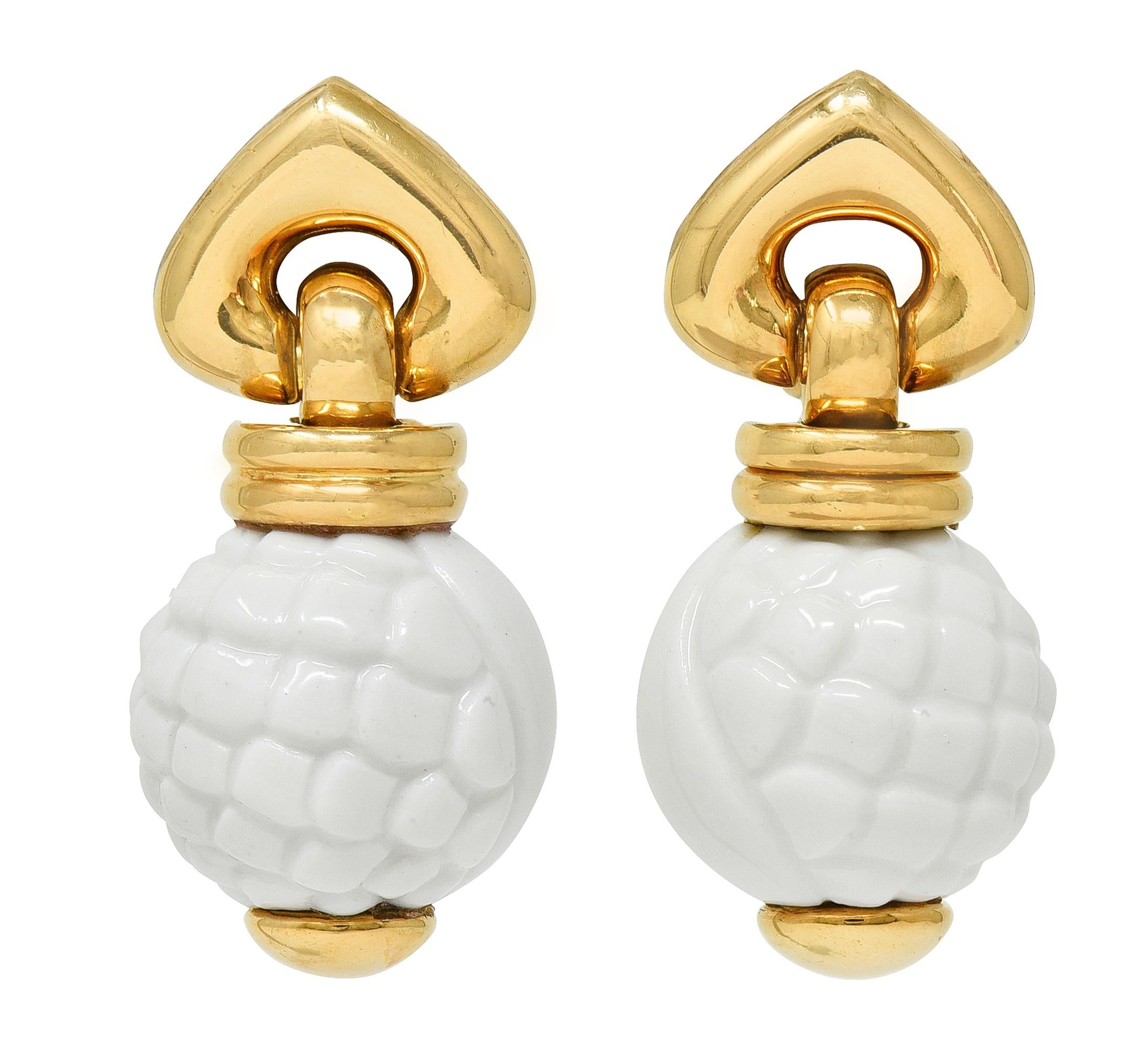 Bulgari 1990's Ceramic 18K Yellow Gold Chandra Beaded Drop Ear-Clip Earrings