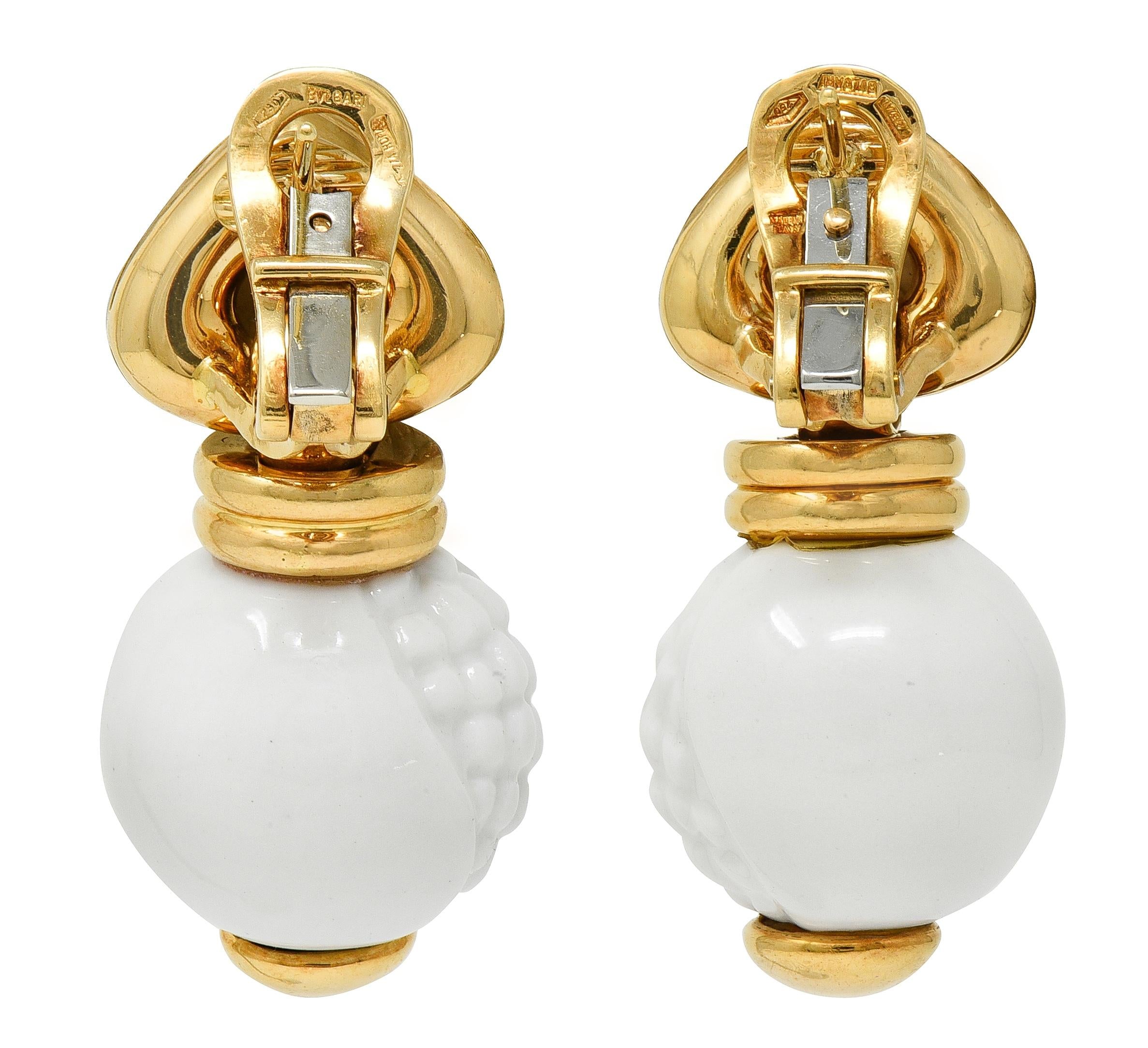 Bulgari 1990's Ceramic 18K Yellow Gold Chandra Beaded Drop Ear-Clip Earrings