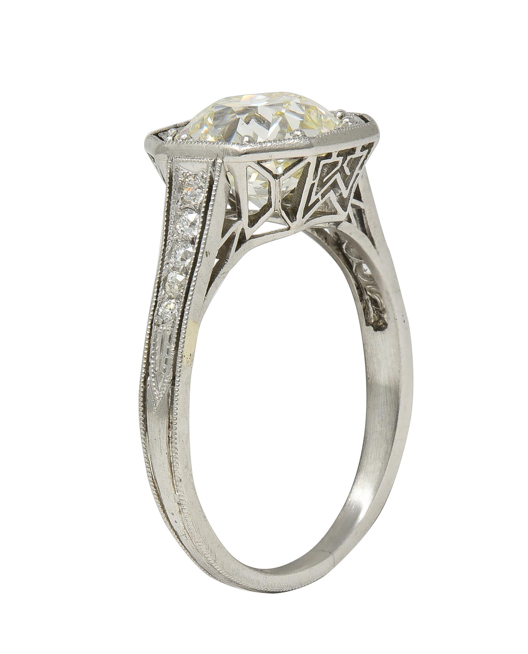 Art Deco 2.03 CTW Euro. Diamond Platinum Vintage Arrow Solitaire Engagement Ring