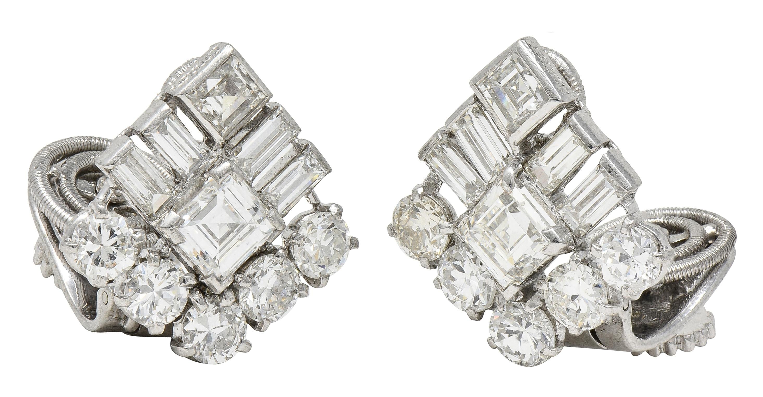 Cartier Mid-Century Platinum Diamond Vintage Cluster Earrings