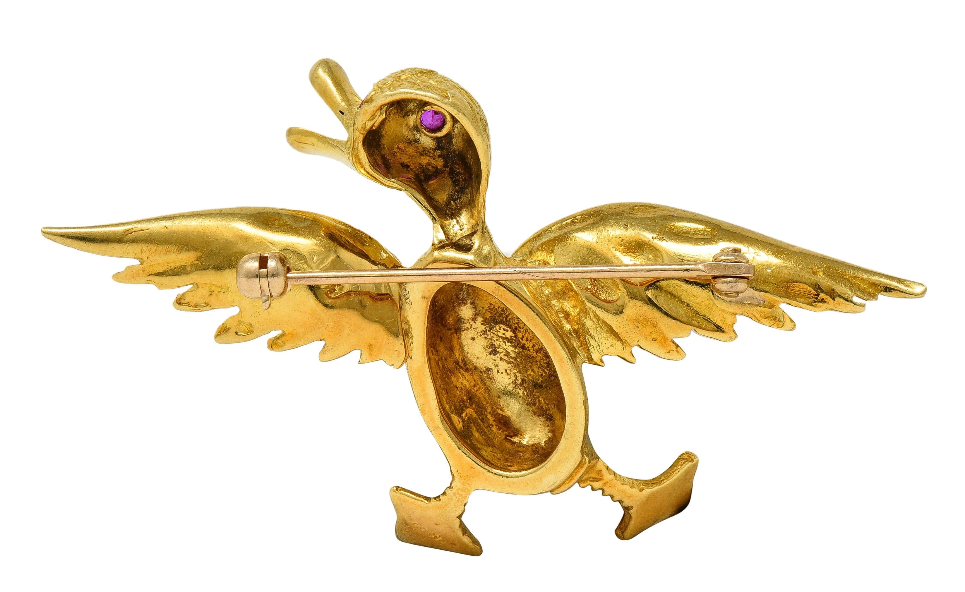 1960's Ruby 18 Karat Yellow Gold Vintage Duck Whimsical Bird Brooch