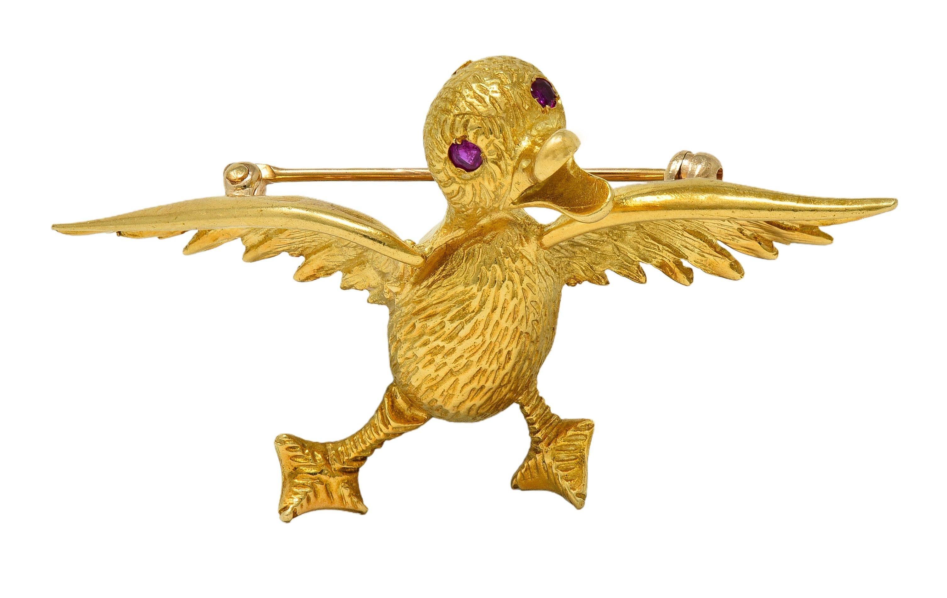 1960's Ruby 18 Karat Yellow Gold Vintage Duck Whimsical Bird Brooch