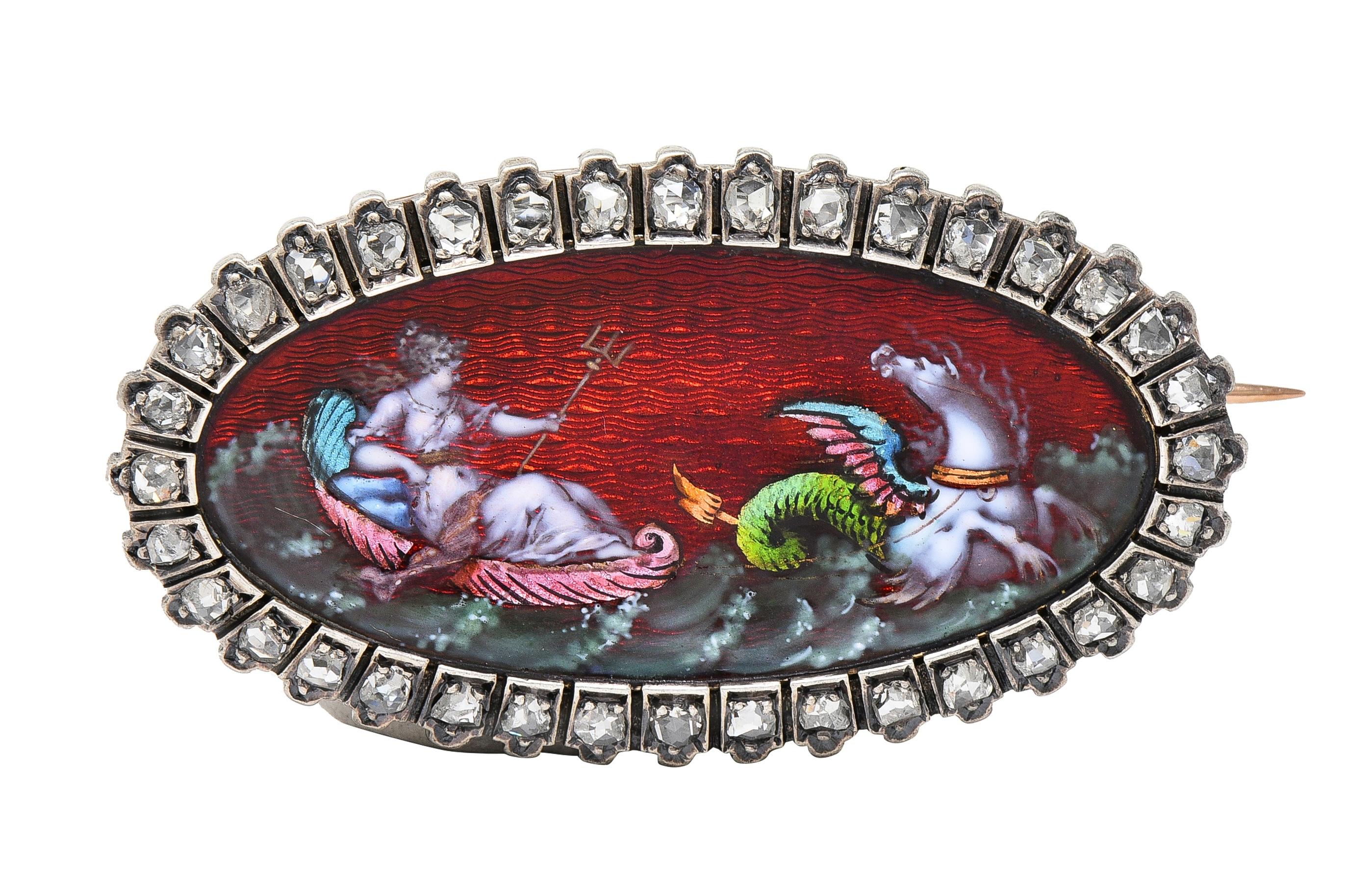 Antique Diamond Enamel Silver 18K Gold Greek Goddess Aphrodite Halo Brooch