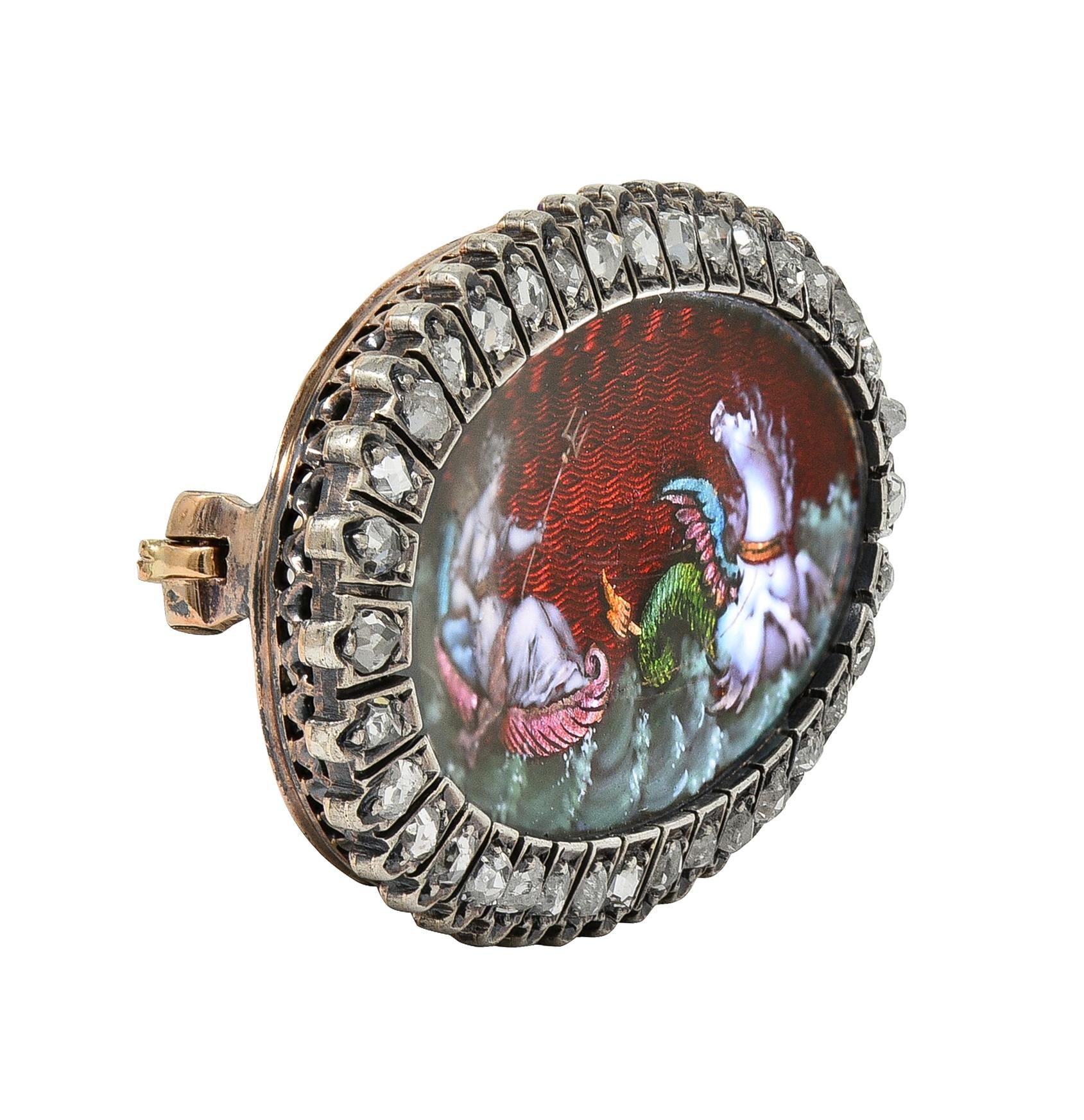 Antique Diamond Enamel Silver 18K Gold Greek Goddess Aphrodite Halo Brooch