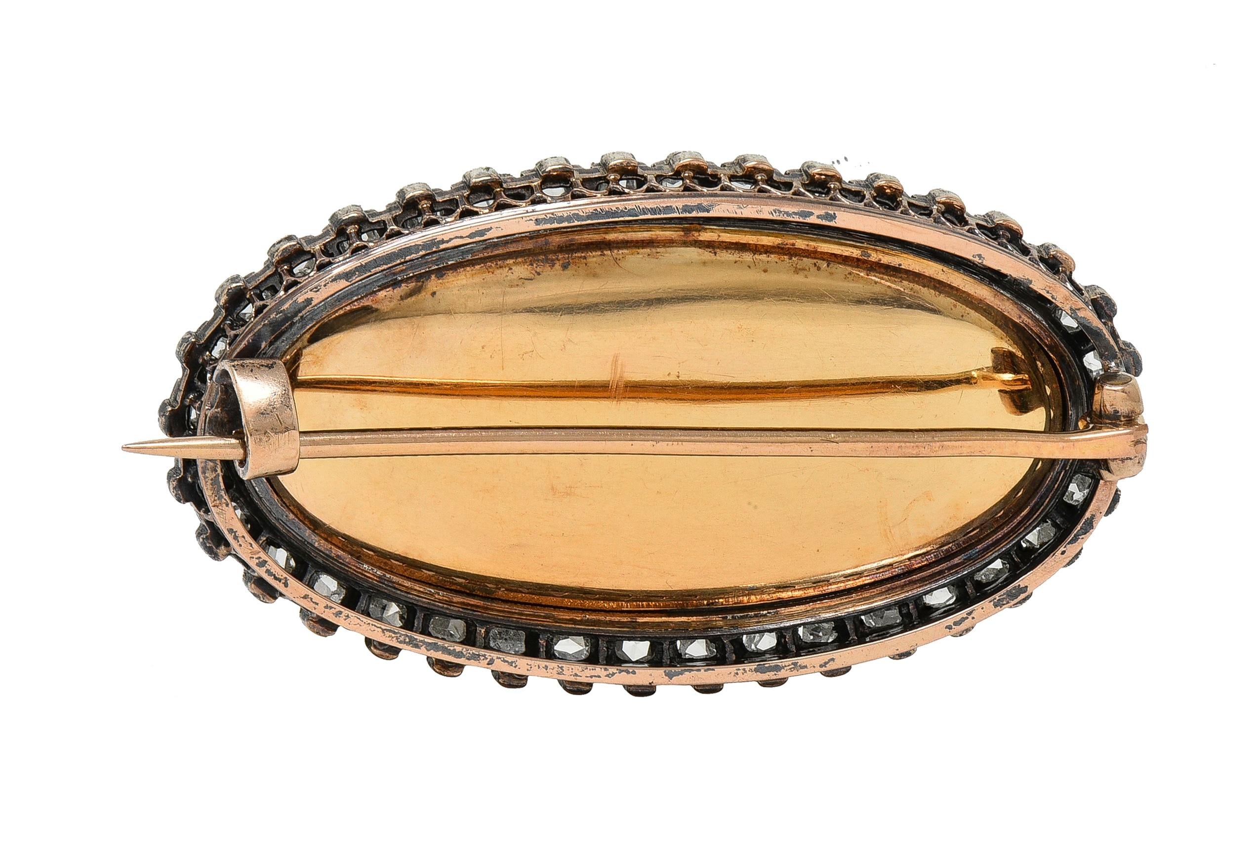 Antique Diamond Enamel Silver 18K Gold Greek Goddess Aphrodite Halo Brooch