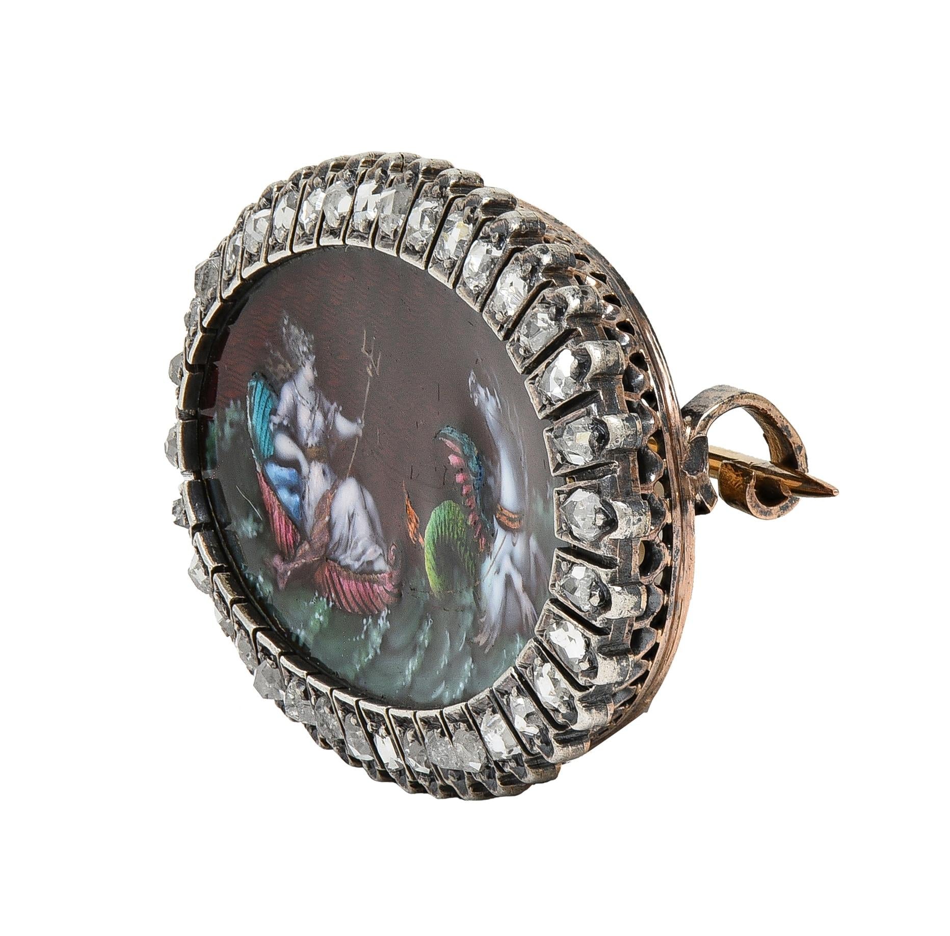 Antique Diamond Enamel Silver 18K Gold Greek Goddess Aphrodite Halo Brooch