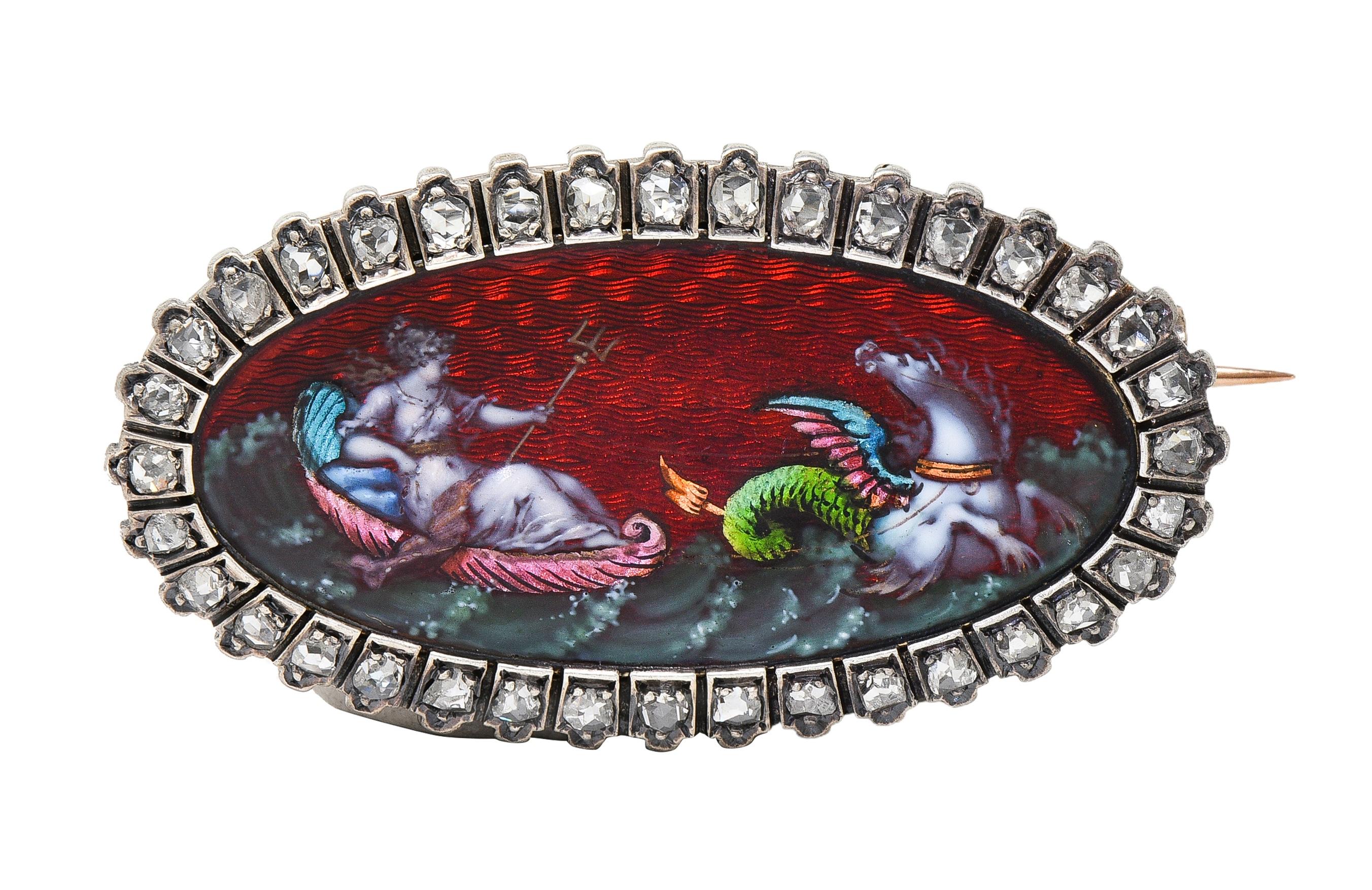 Antique Diamond Enamel Silver 18K Gold Greek Goddess Aphrodite Halo Brooch