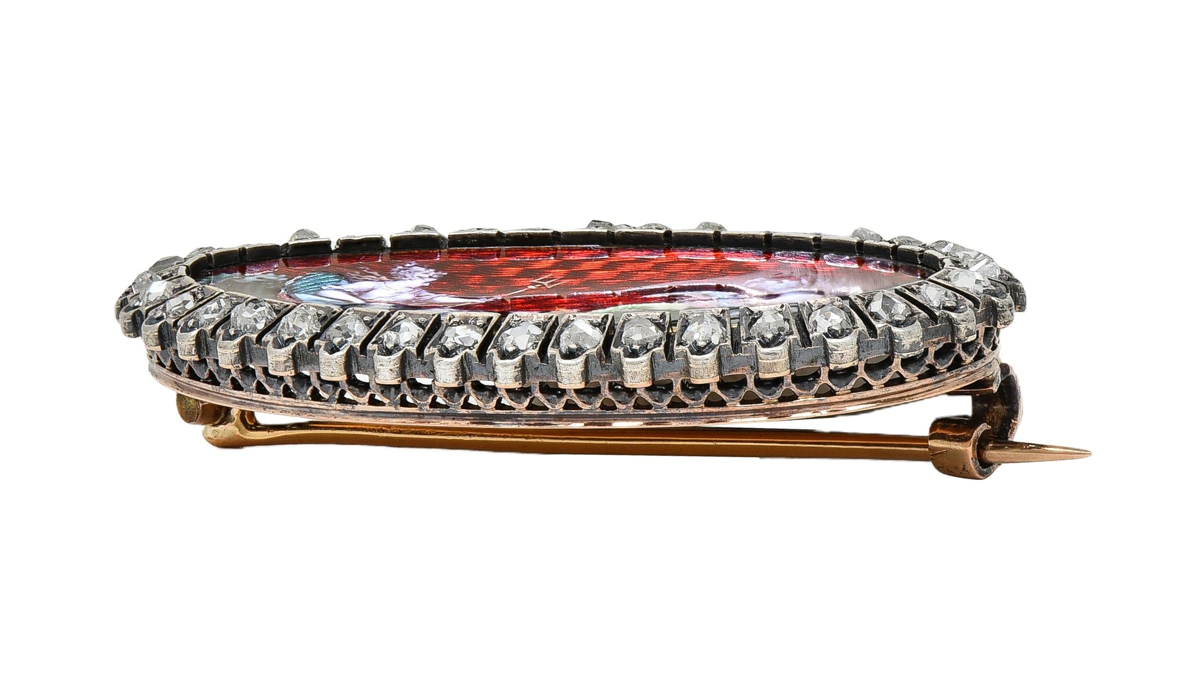 Antique Diamond Enamel Silver 18K Gold Greek Goddess Aphrodite Halo Brooch