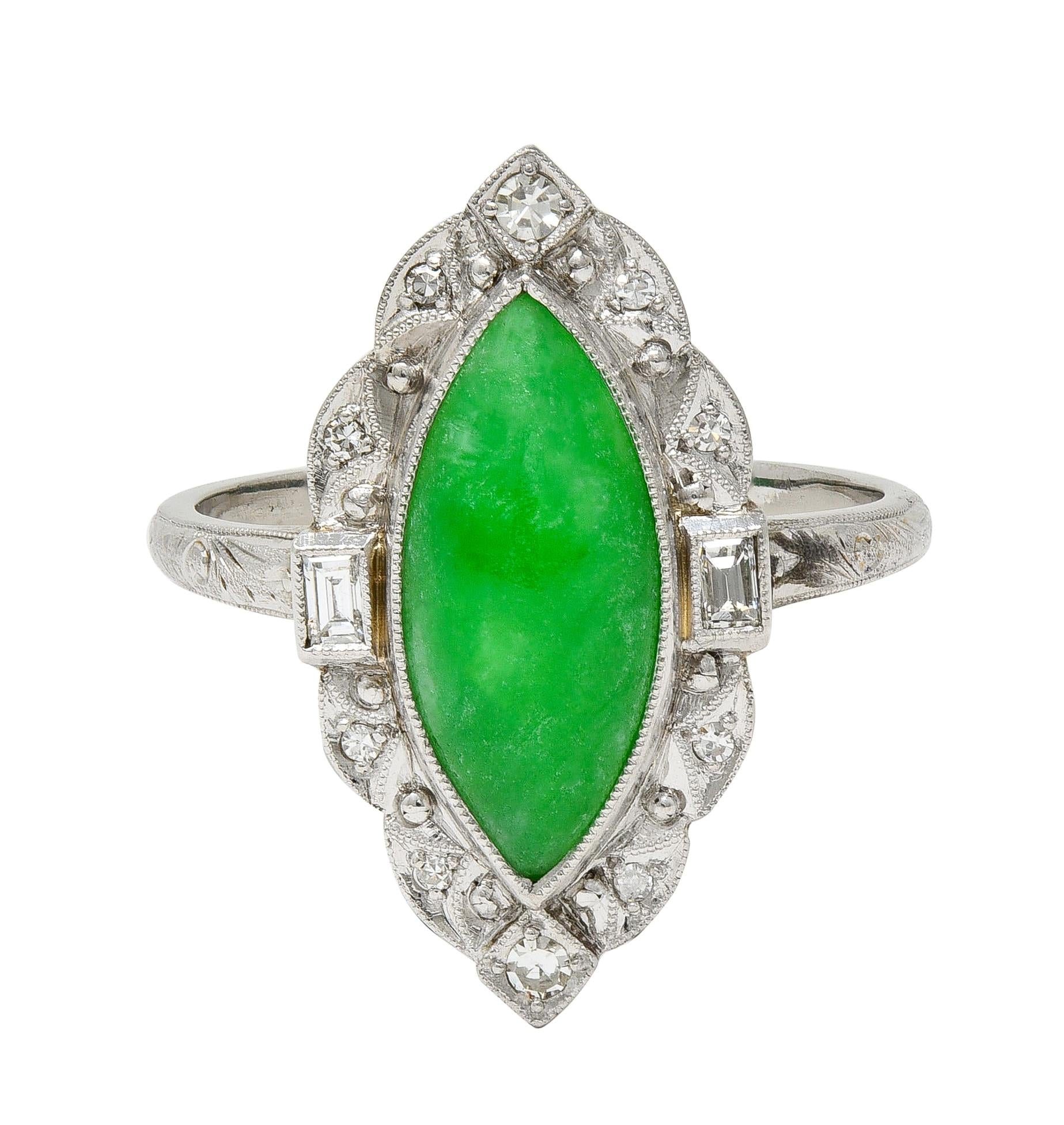 Art Deco Type A Jade 14 Karat White Gold Vintage Scrolling Navette Halo Ring GIA