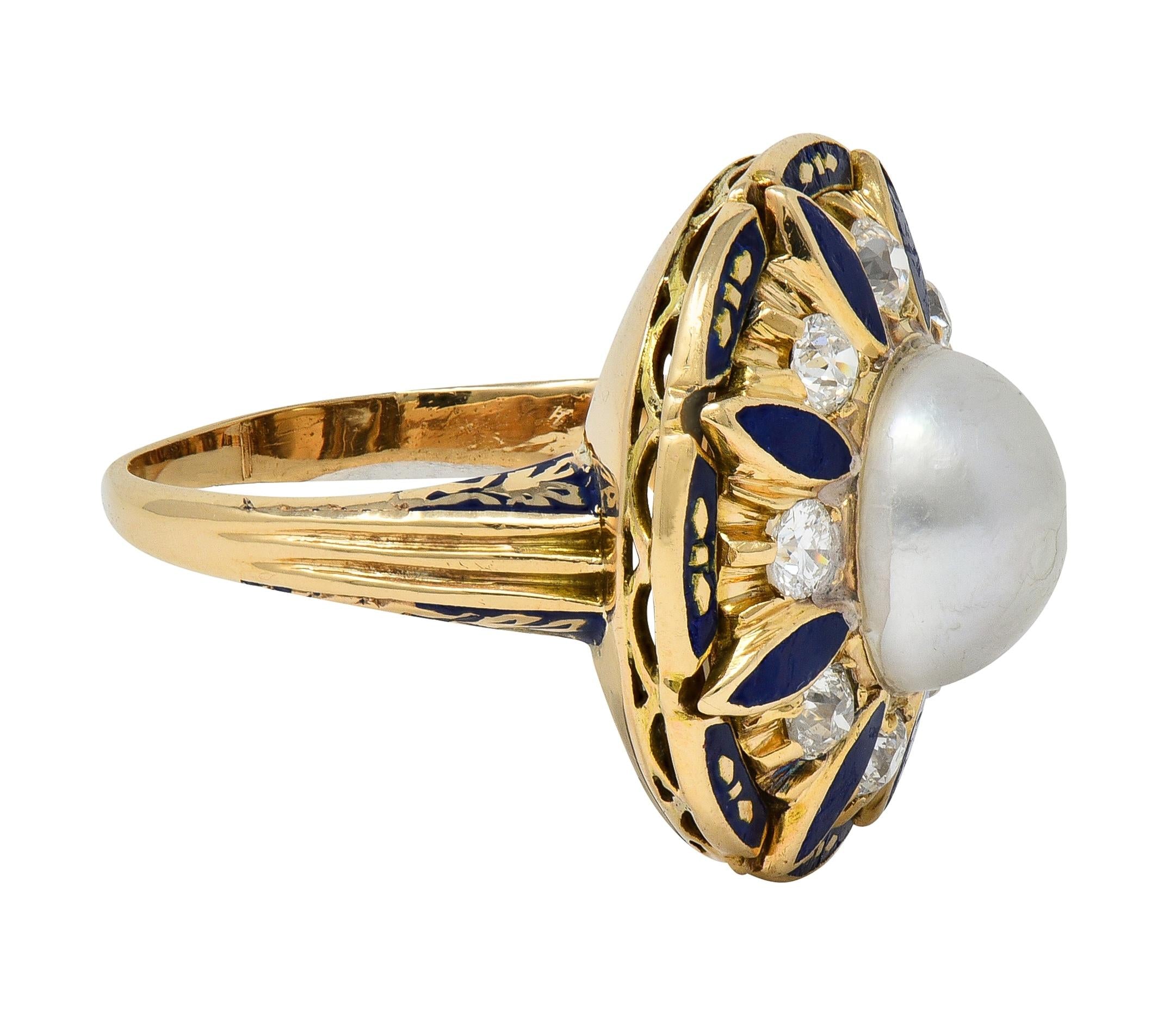 Victorian Revival Pearl Diamond Enamel 14 Karat Gold Vintage Halo Ring