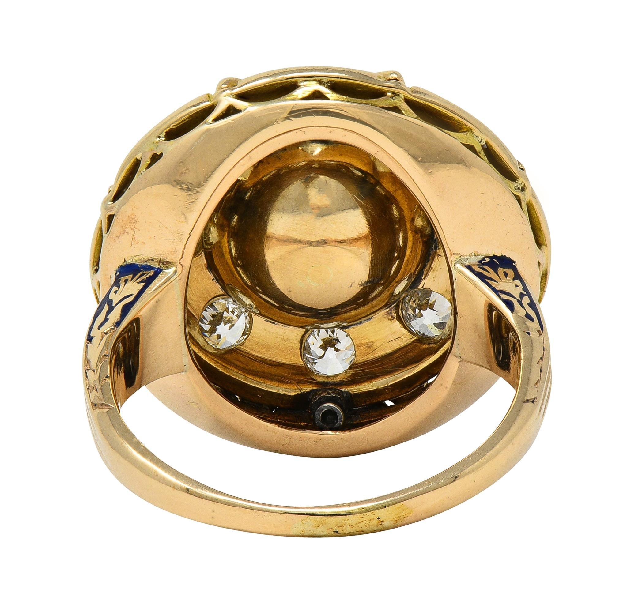 Victorian Revival Pearl Diamond Enamel 14 Karat Gold Vintage Halo Ring