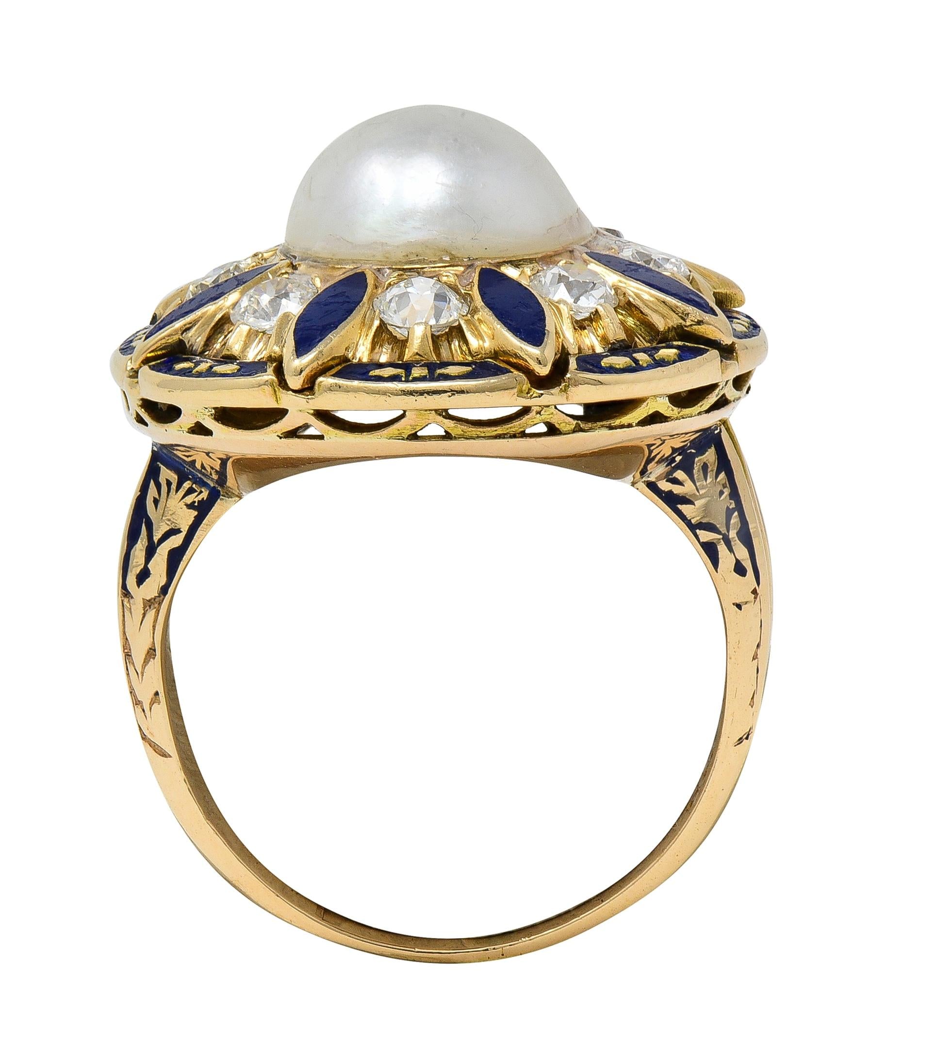 Victorian Revival Pearl Diamond Enamel 14 Karat Gold Vintage Halo Ring