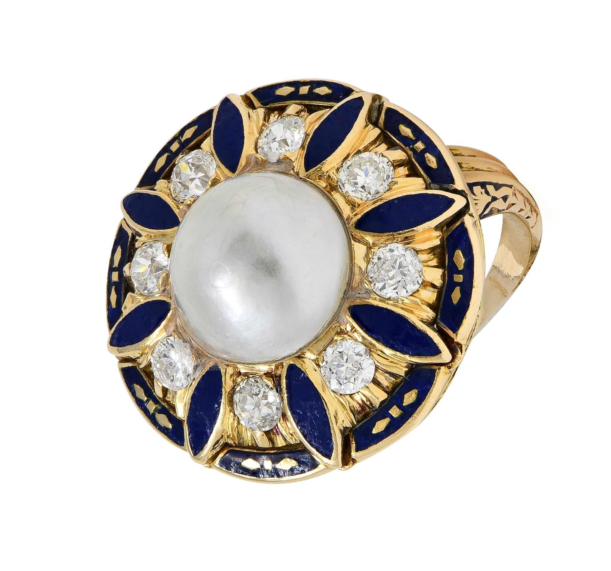 Victorian Revival Pearl Diamond Enamel 14 Karat Gold Vintage Halo Ring