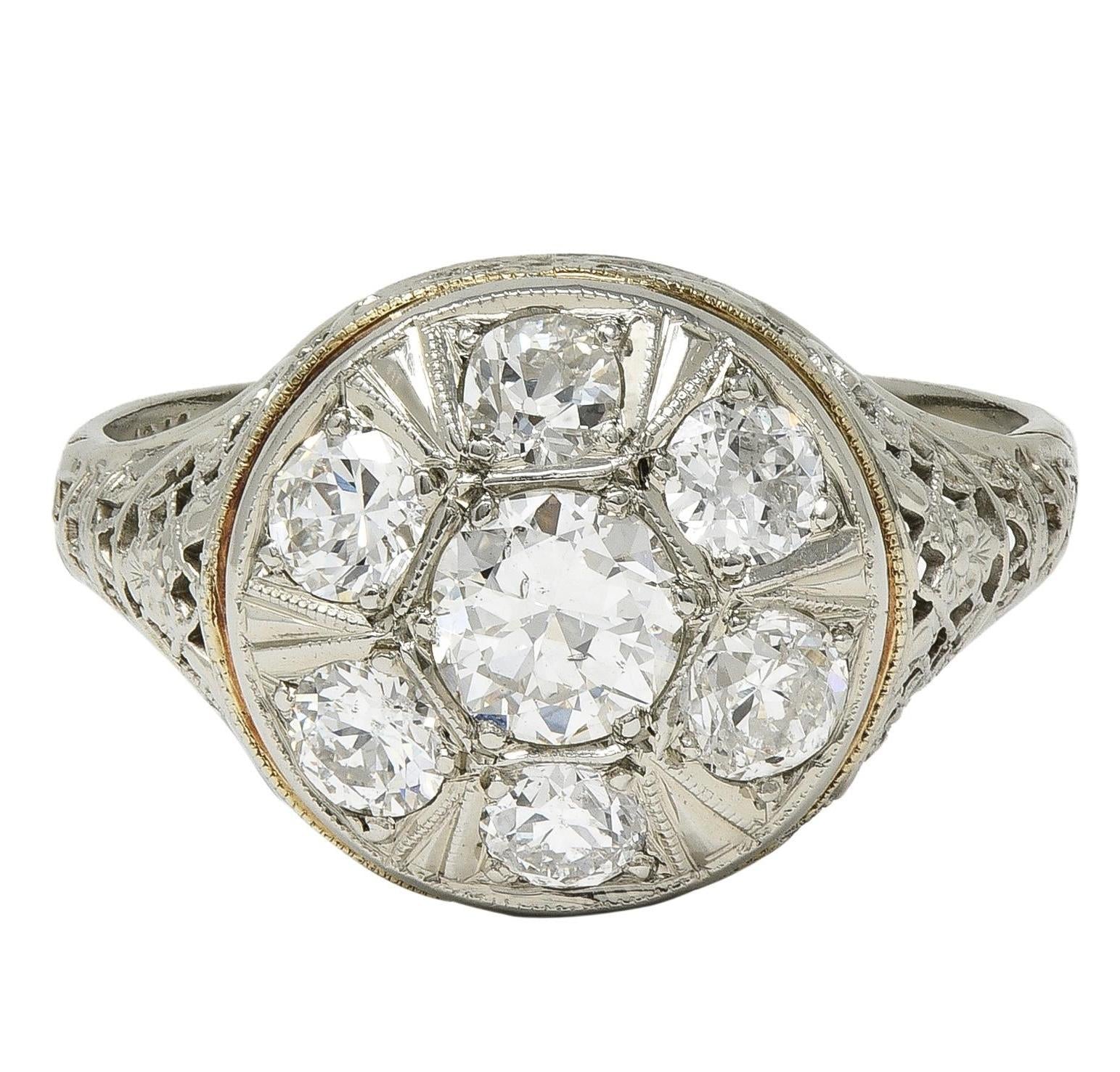 Art Deco 1.40 CTW Diamond 18 Karat White Gold Vintage Trellis Cluster Ring