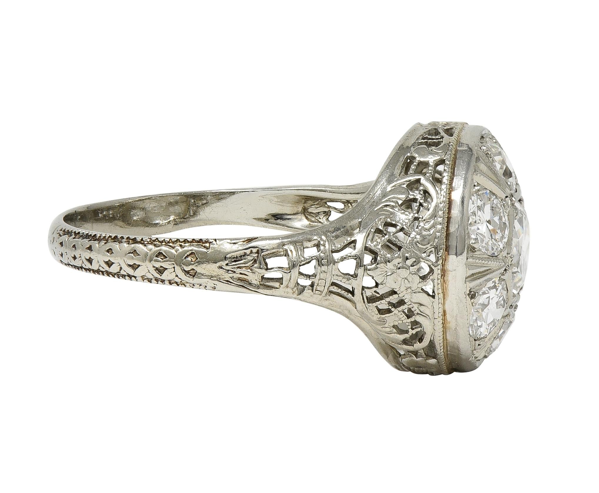 Art Deco 1.40 CTW Diamond 18 Karat White Gold Vintage Trellis Cluster Ring