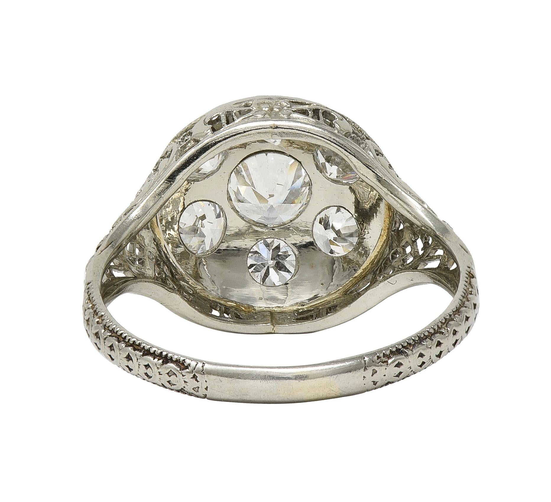 Art Deco 1.40 CTW Diamond 18 Karat White Gold Vintage Trellis Cluster Ring