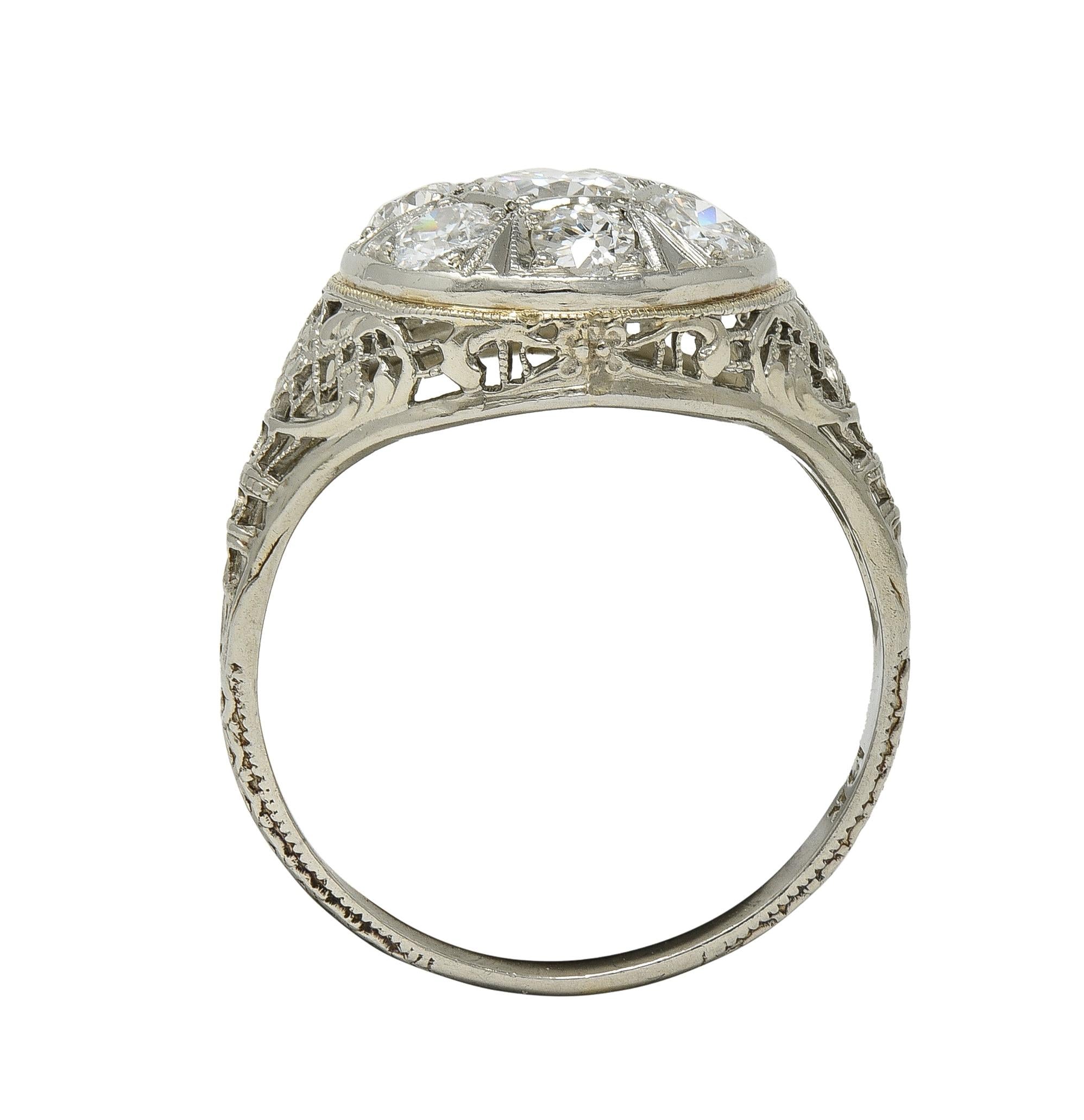 Art Deco 1.40 CTW Diamond 18 Karat White Gold Vintage Trellis Cluster Ring