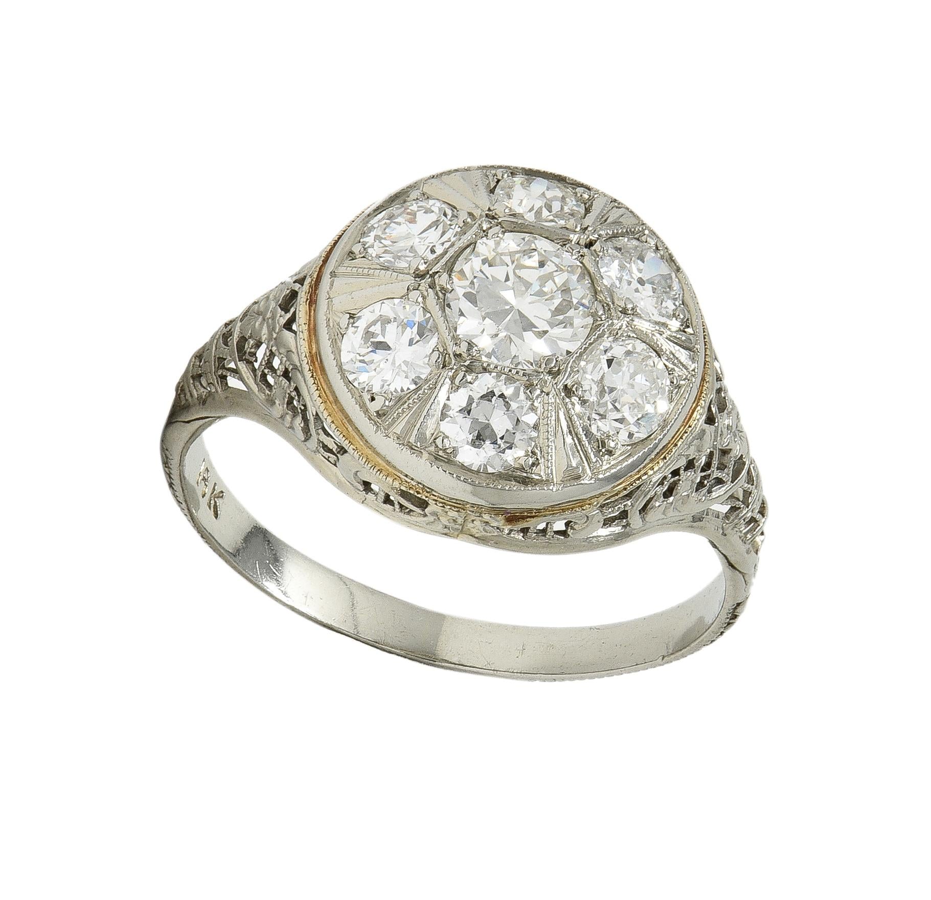 Art Deco 1.40 CTW Diamond 18 Karat White Gold Vintage Trellis Cluster Ring