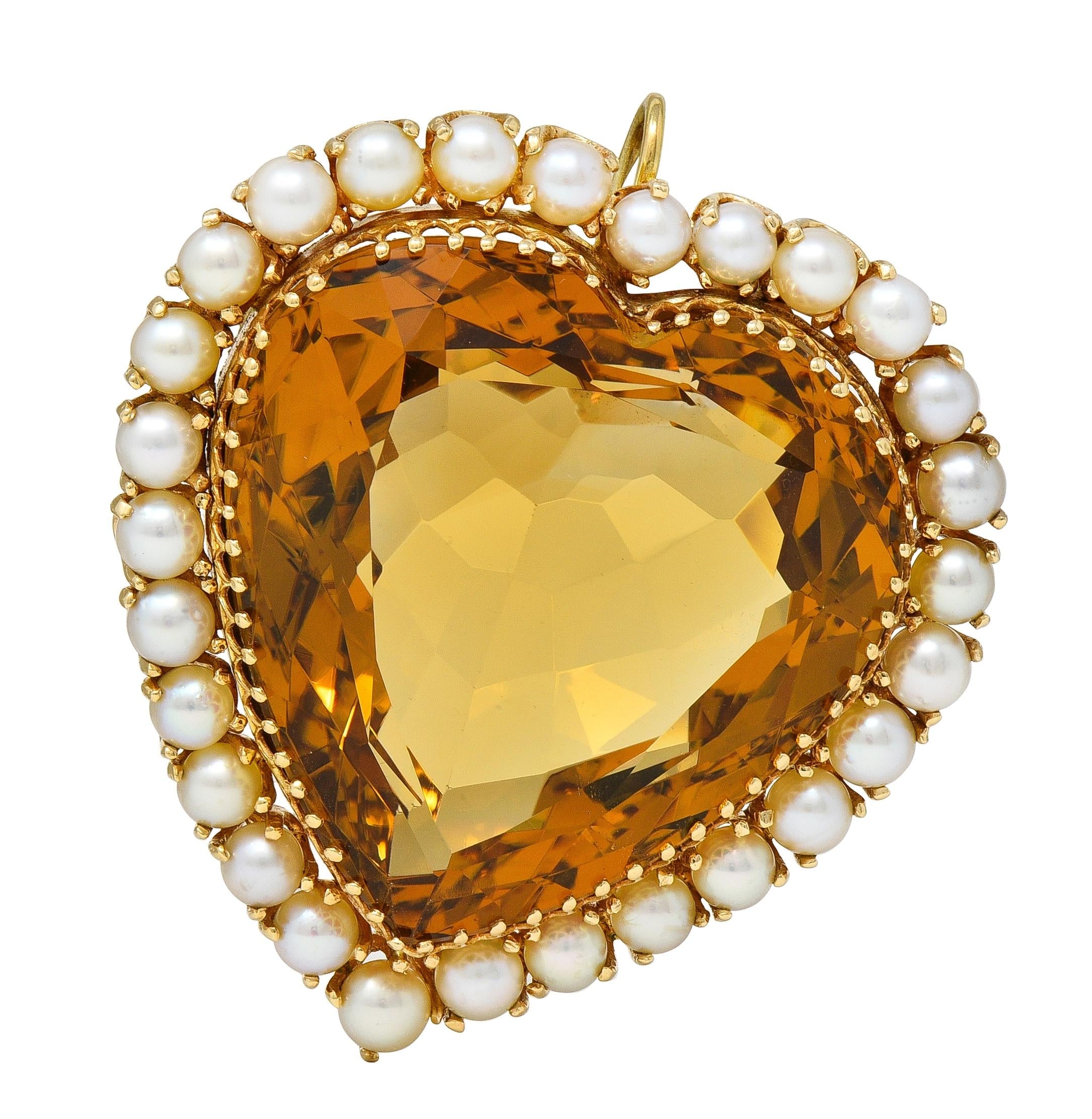 Victorian 29.37 CTW Citrine Pearl 14K Yellow Gold Antique Heart Pendant Brooch