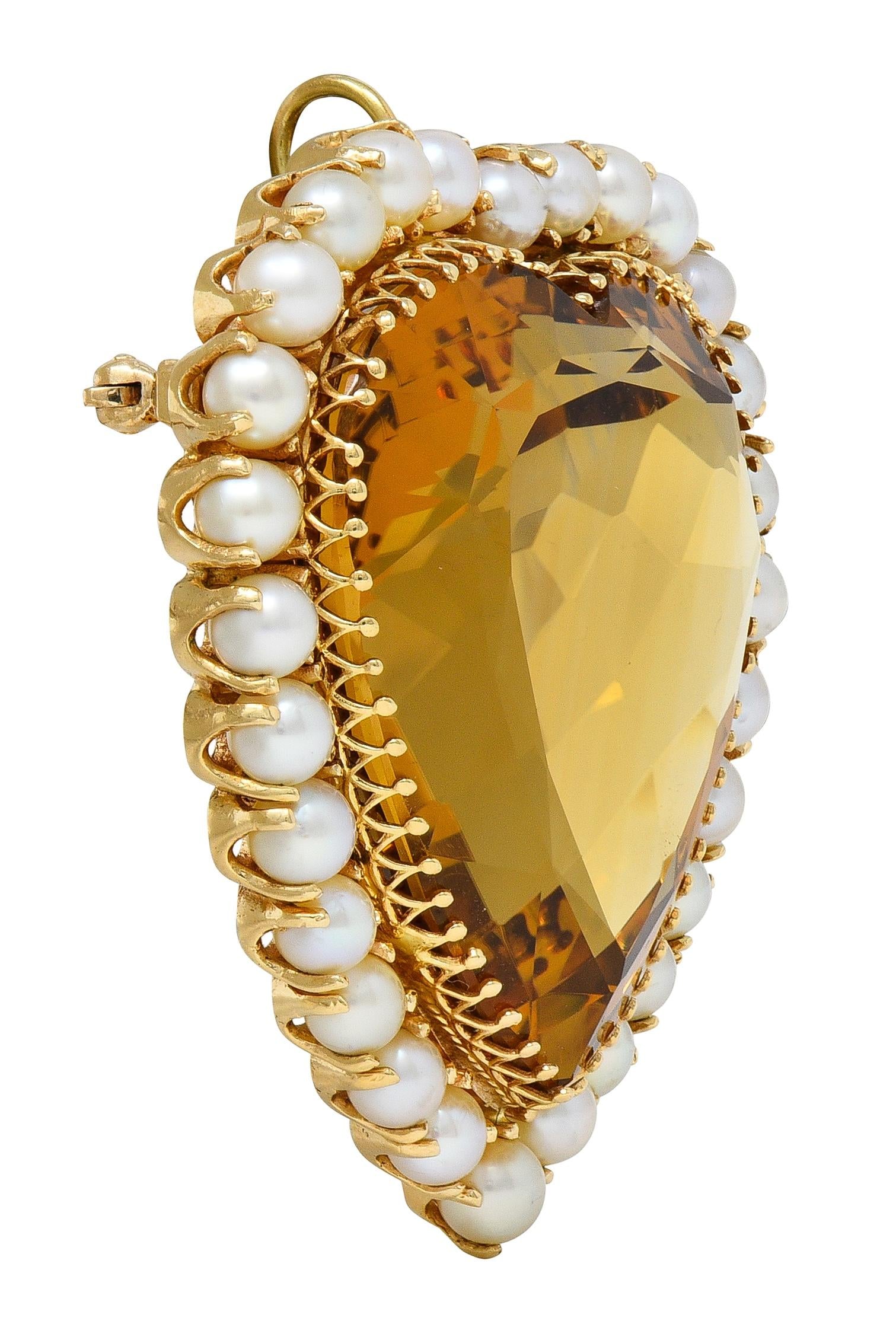 Victorian 29.37 CTW Citrine Pearl 14K Yellow Gold Antique Heart Pendant Brooch