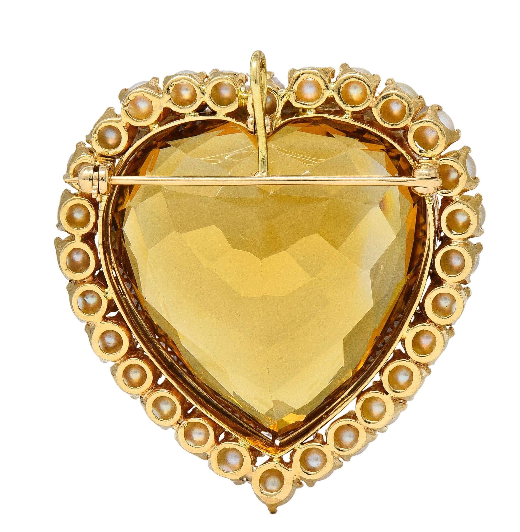Victorian 29.37 CTW Citrine Pearl 14K Yellow Gold Antique Heart Pendant Brooch