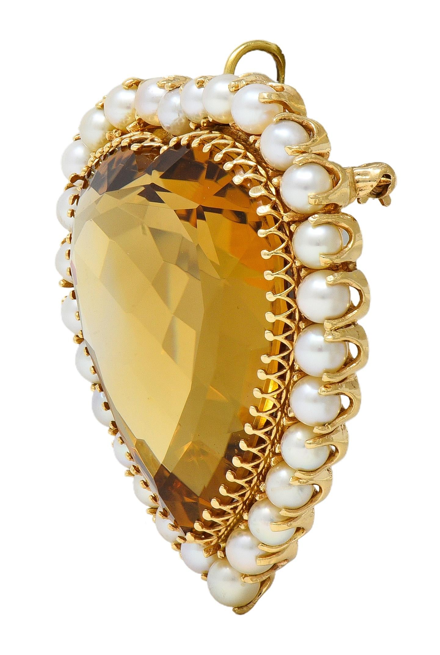 Victorian 29.37 CTW Citrine Pearl 14K Yellow Gold Antique Heart Pendant Brooch