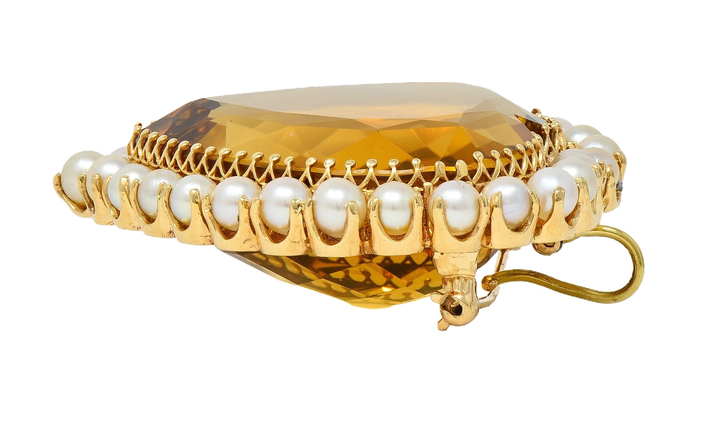 Victorian 29.37 CTW Citrine Pearl 14K Yellow Gold Antique Heart Pendant Brooch