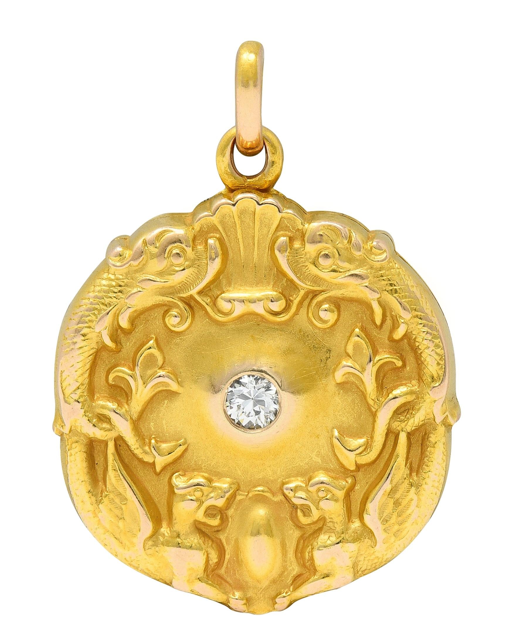 Art Nouveau Diamond 14K Two-Tone Gold Antique Serpent Griffon Locket Pendant