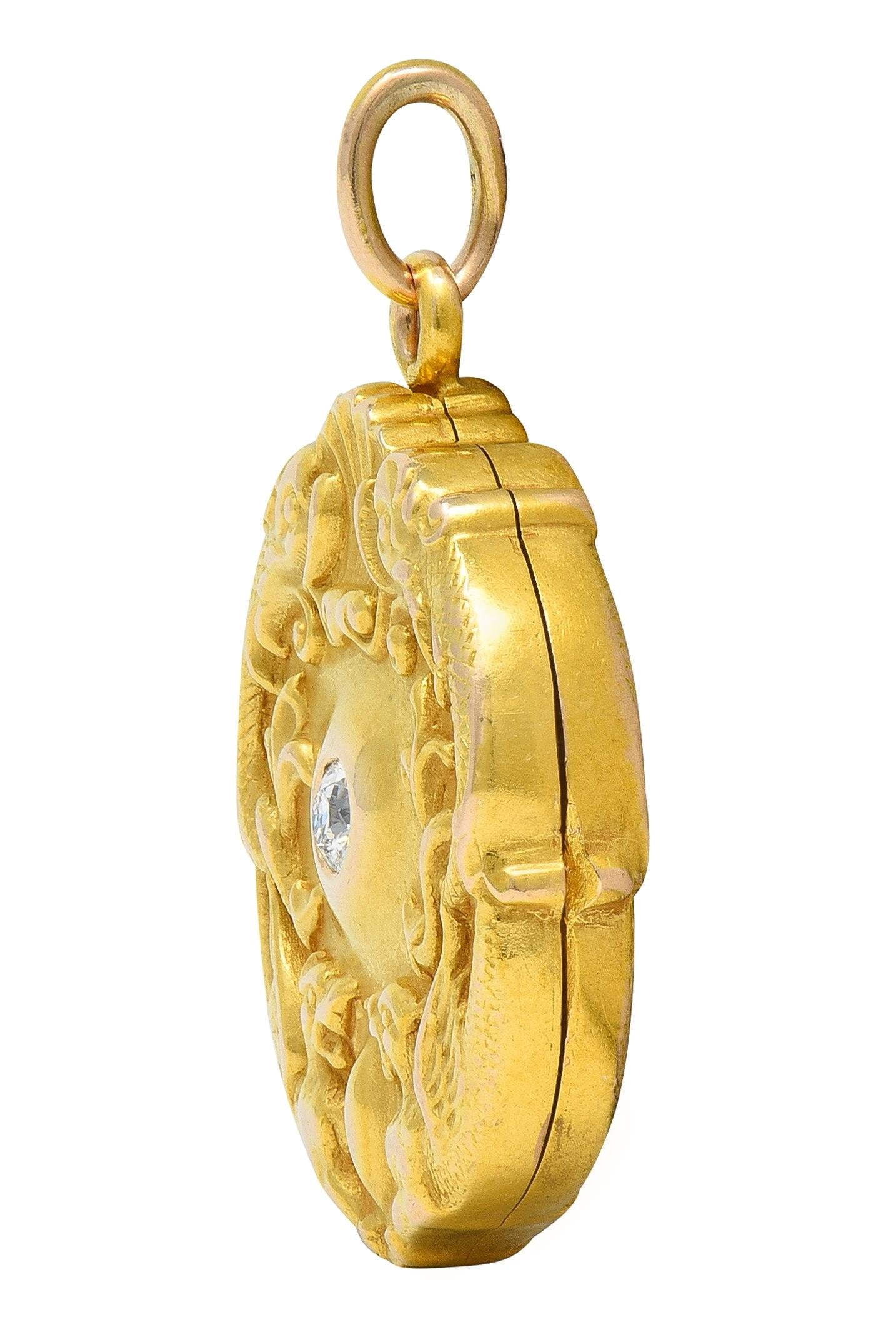 Art Nouveau Diamond 14K Two-Tone Gold Antique Serpent Griffon Locket Pendant