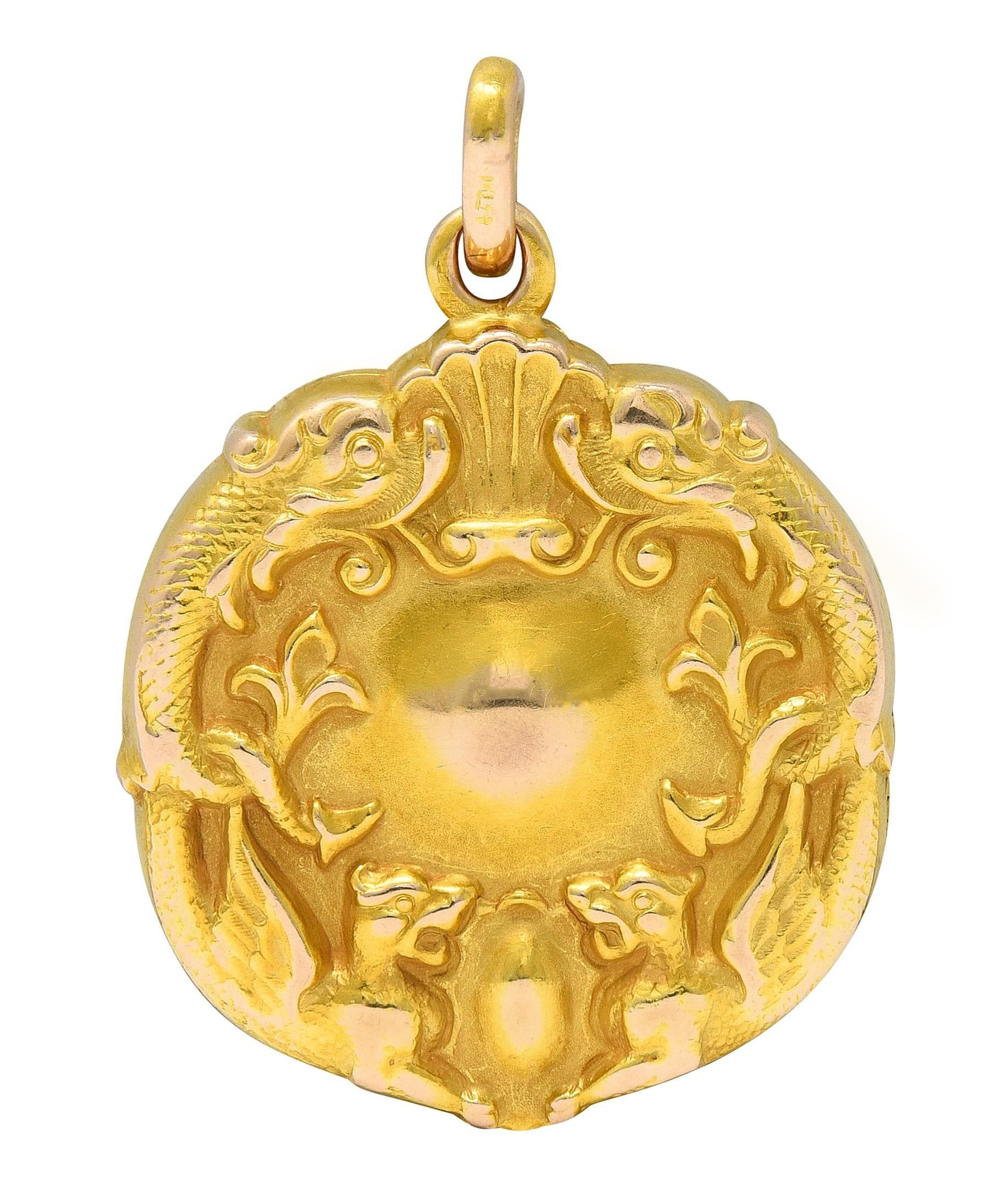 Art Nouveau Diamond 14K Two-Tone Gold Antique Serpent Griffon Locket Pendant