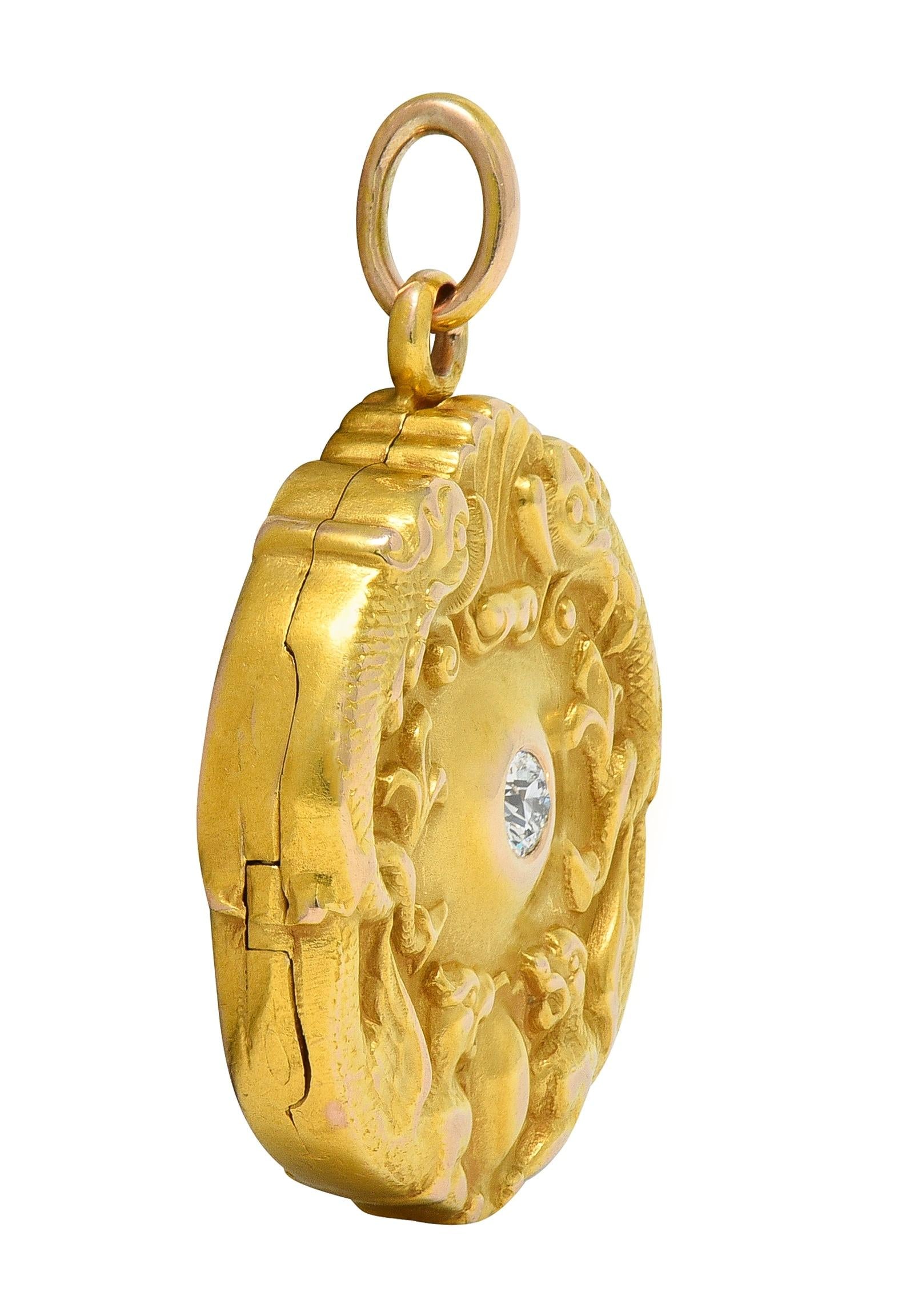 Art Nouveau Diamond 14K Two-Tone Gold Antique Serpent Griffon Locket Pendant
