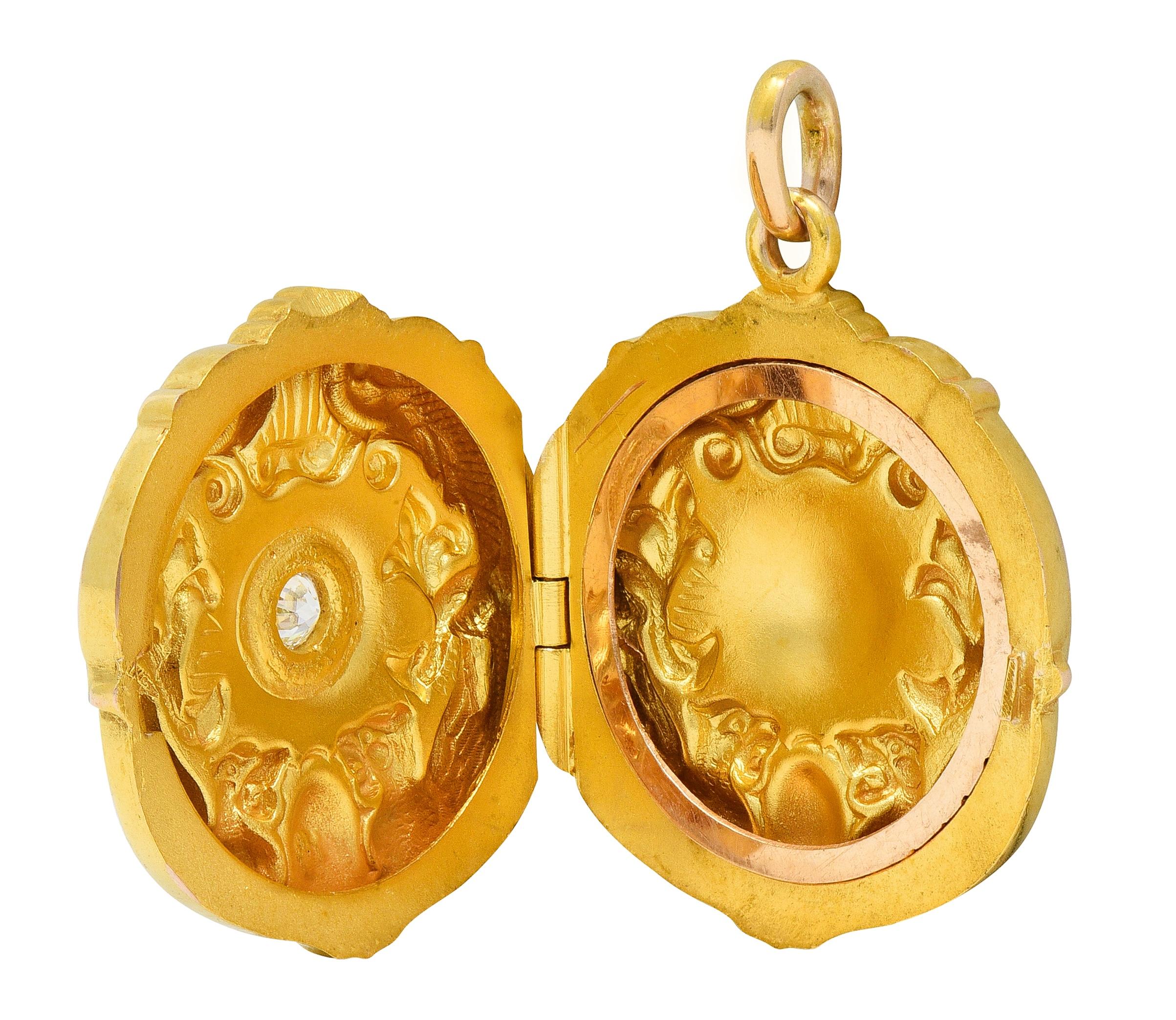 Art Nouveau Diamond 14K Two-Tone Gold Antique Serpent Griffon Locket Pendant