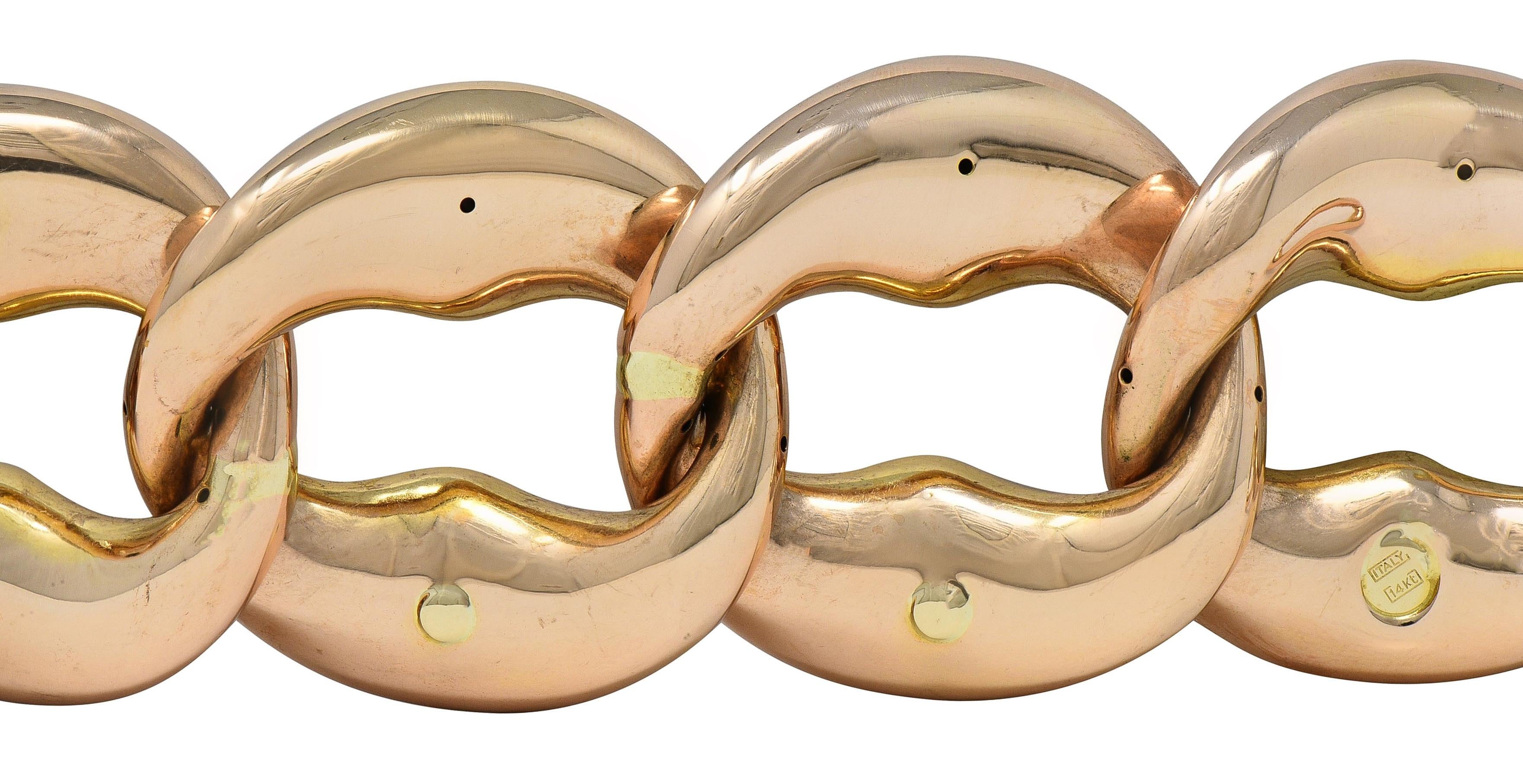 1980's 14 Karat Two-Tone Rose Gold Puffed Vintage Curb Link Bracelet