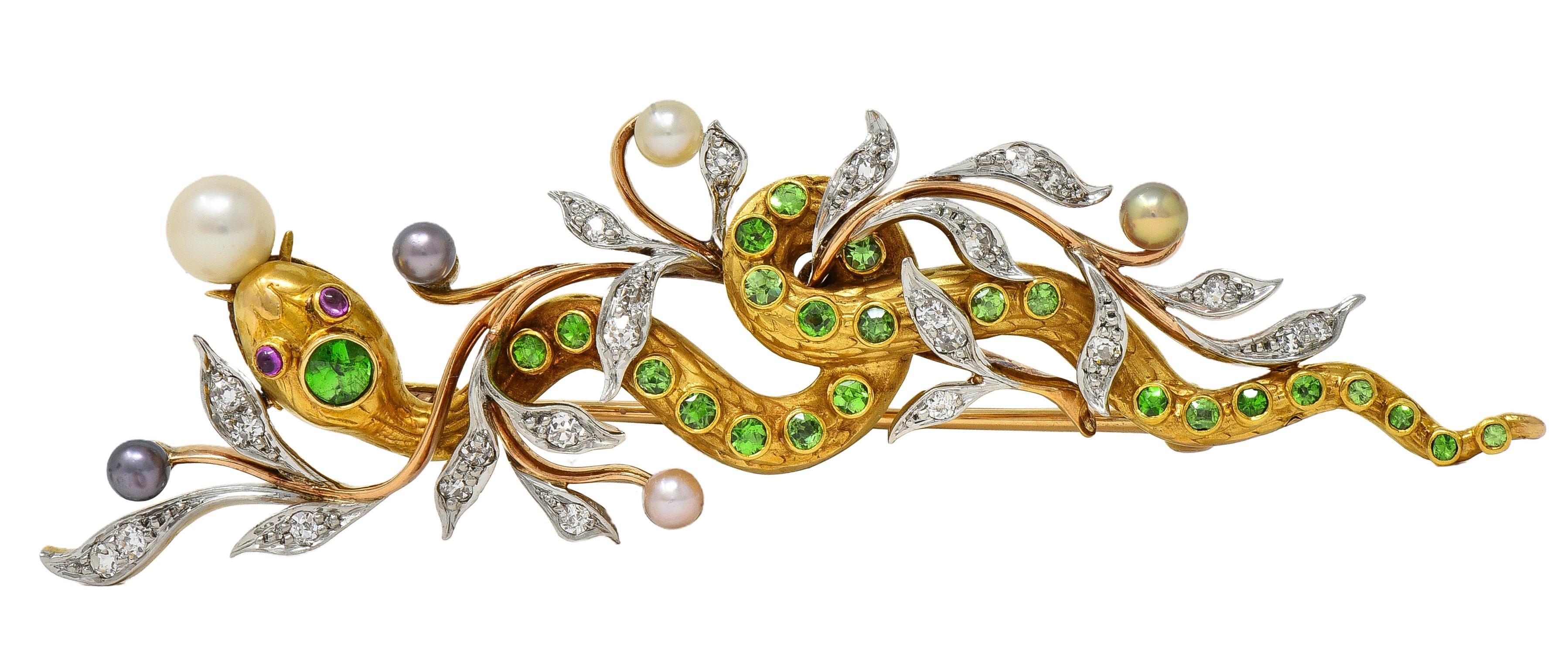Edwardian Diamond Demantoid Pearl Platinum 14K Gold Antique Snake Brooch