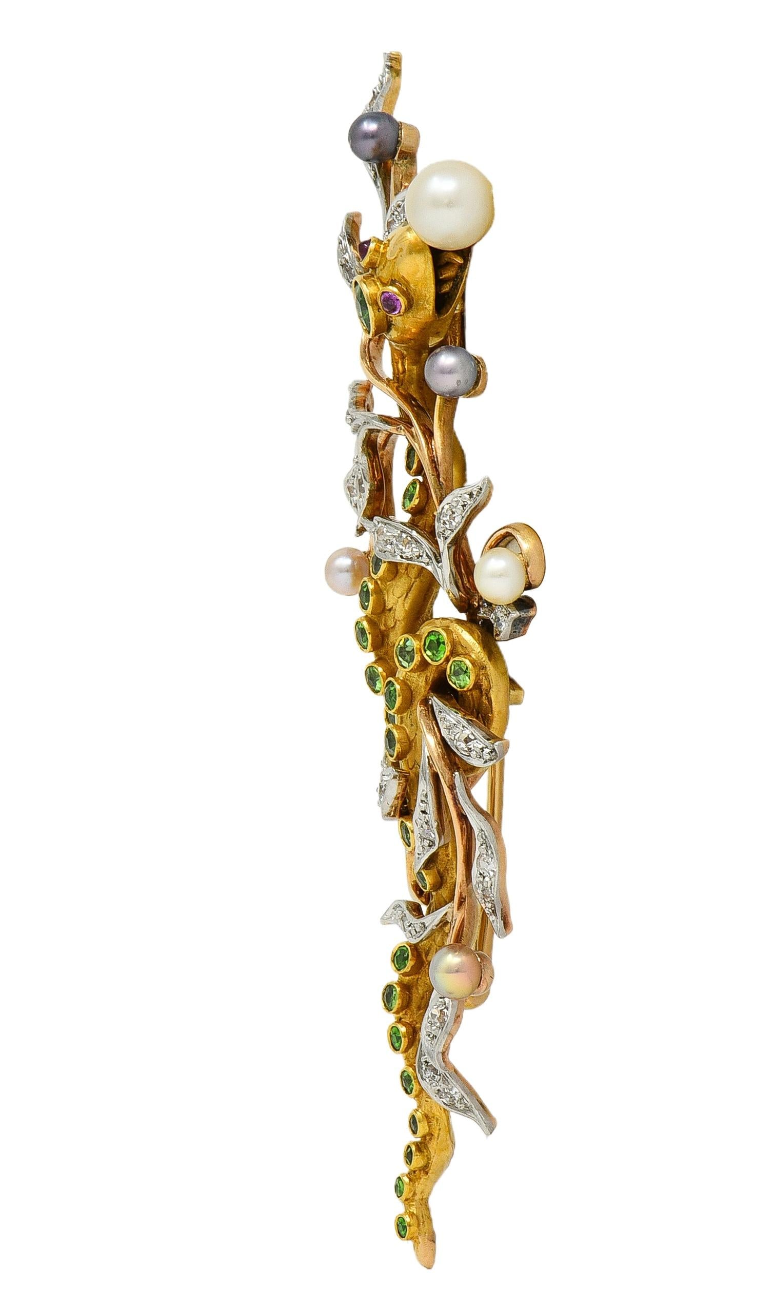 Edwardian Diamond Demantoid Pearl Platinum 14K Gold Antique Snake Brooch