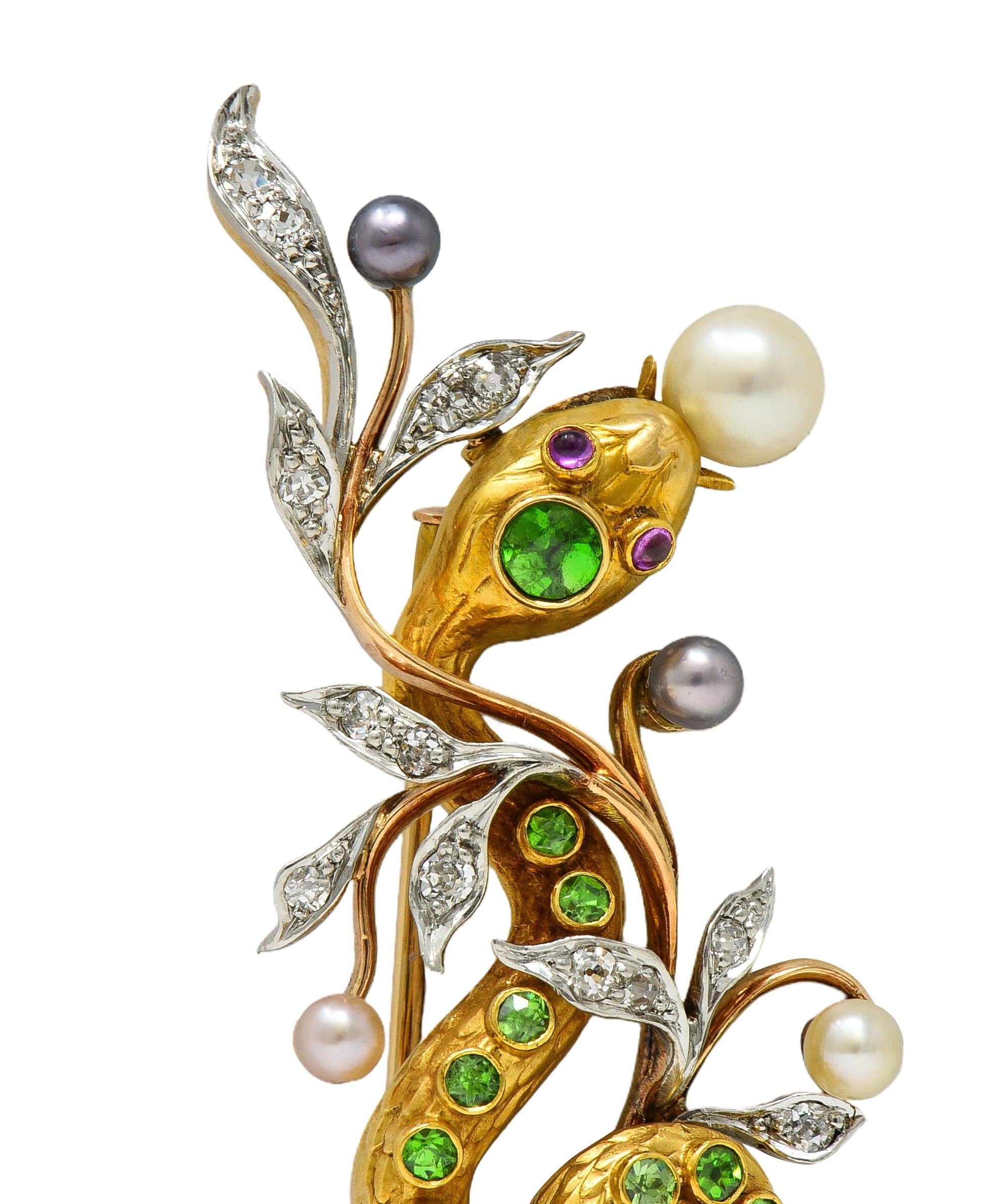 Edwardian Diamond Demantoid Pearl Platinum 14K Gold Antique Snake Brooch
