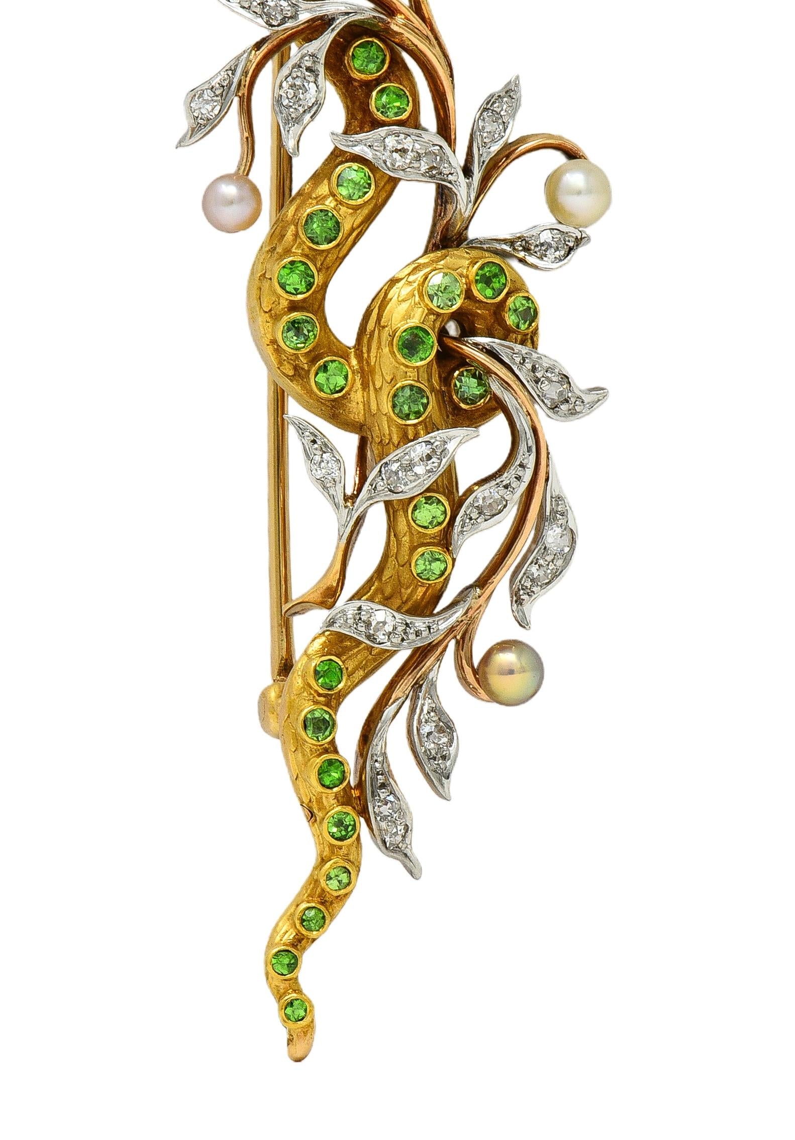 Edwardian Diamond Demantoid Pearl Platinum 14K Gold Antique Snake Brooch