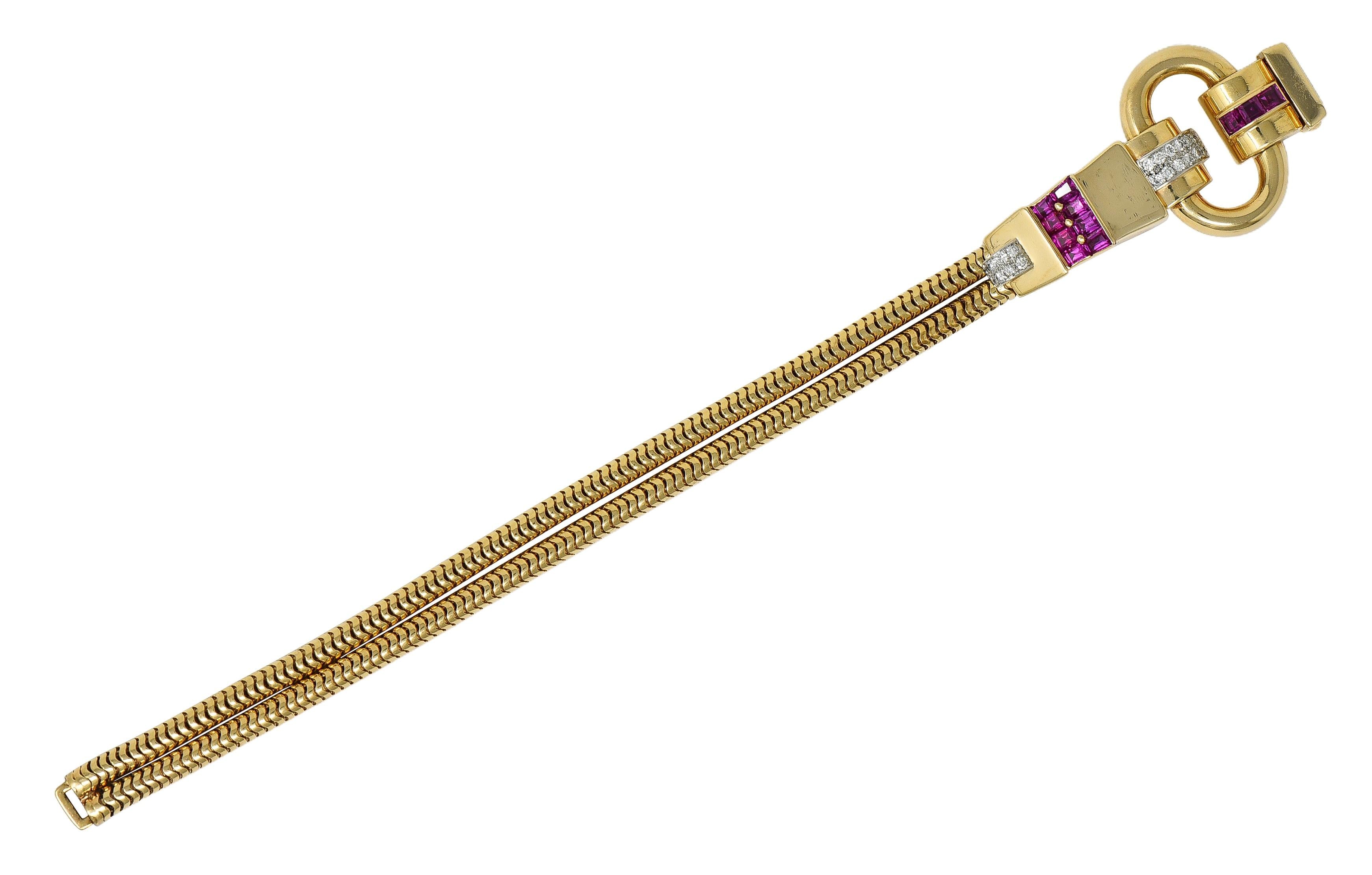 Tiffany & Co. Retro Diamond Ruby Platinum 14K Yellow Gold Buckle Bracelet
