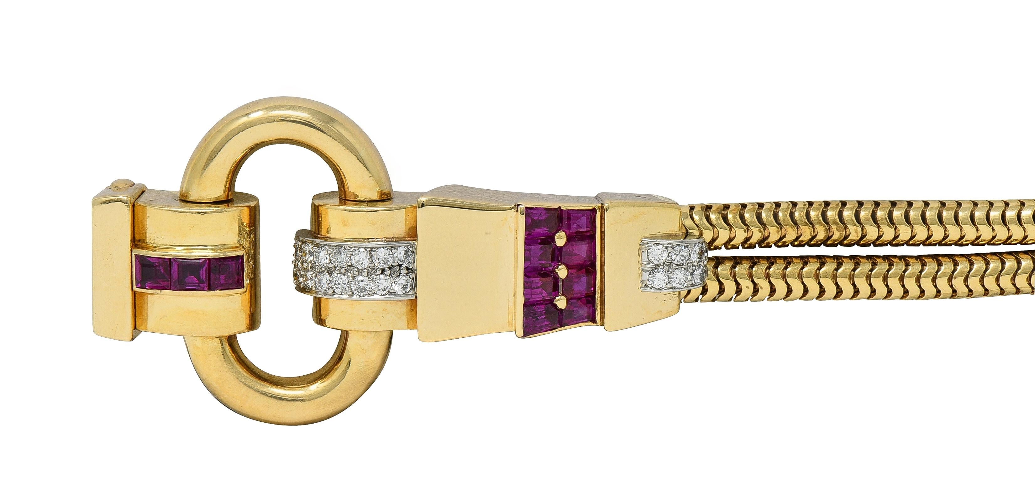 Tiffany & Co. Retro Diamond Ruby Platinum 14K Yellow Gold Buckle Bracelet
