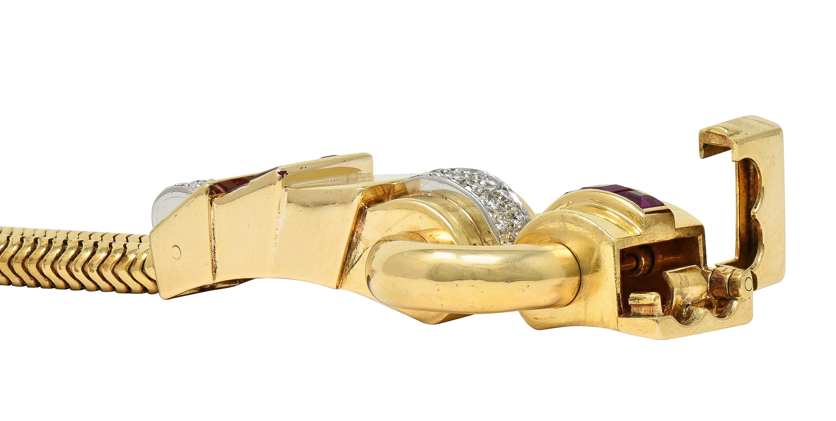 Tiffany & Co. Retro Diamond Ruby Platinum 14K Yellow Gold Buckle Bracelet