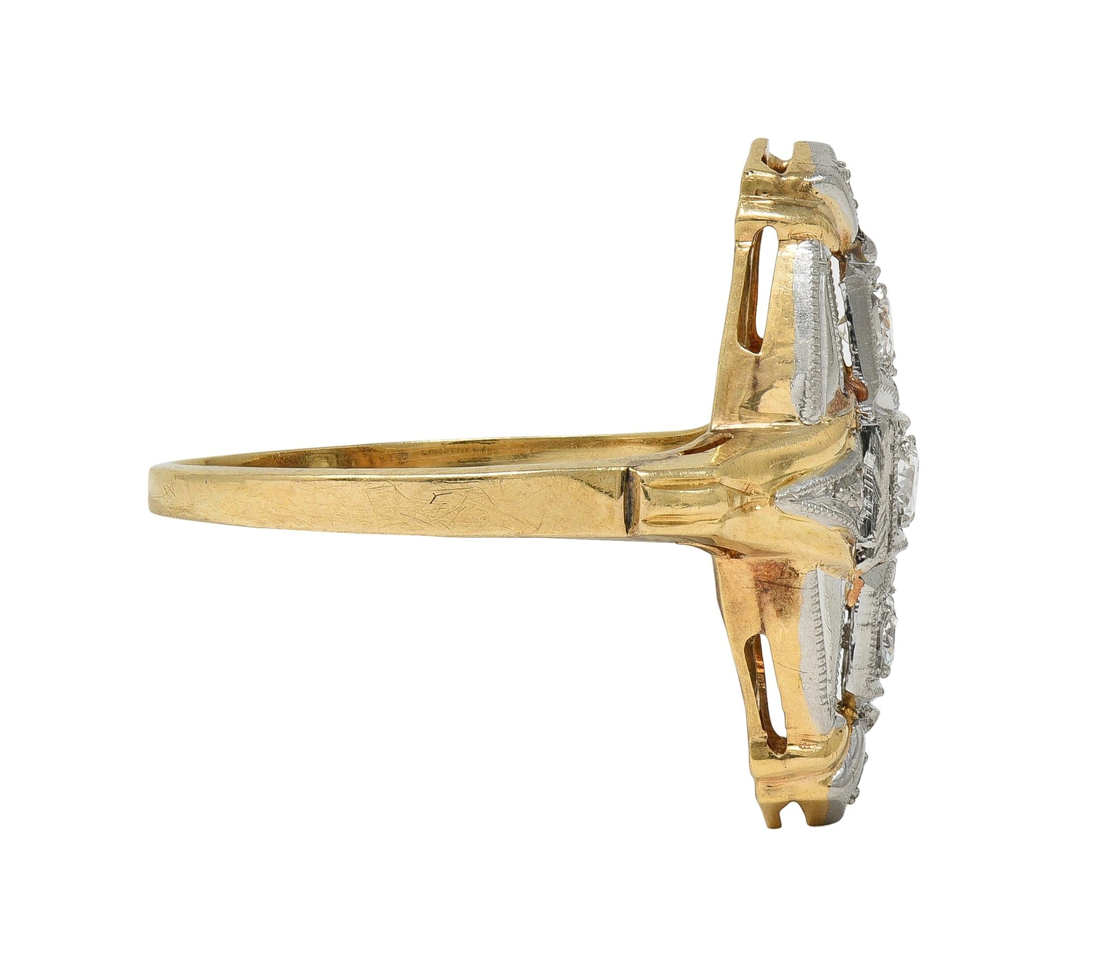 Art Deco Diamond Platinum 14 Karat Yellow Gold Vintage Navette Dinner Ring