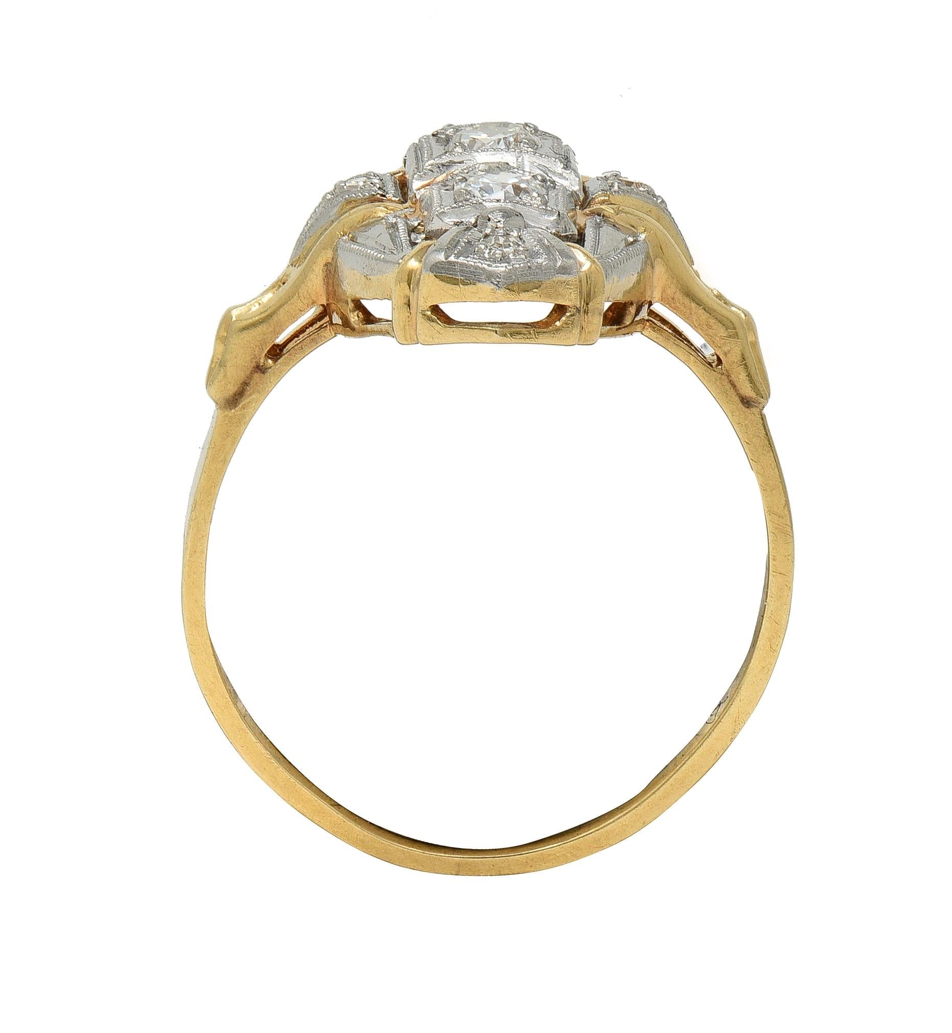 Art Deco Diamond Platinum 14 Karat Yellow Gold Vintage Navette Dinner Ring
